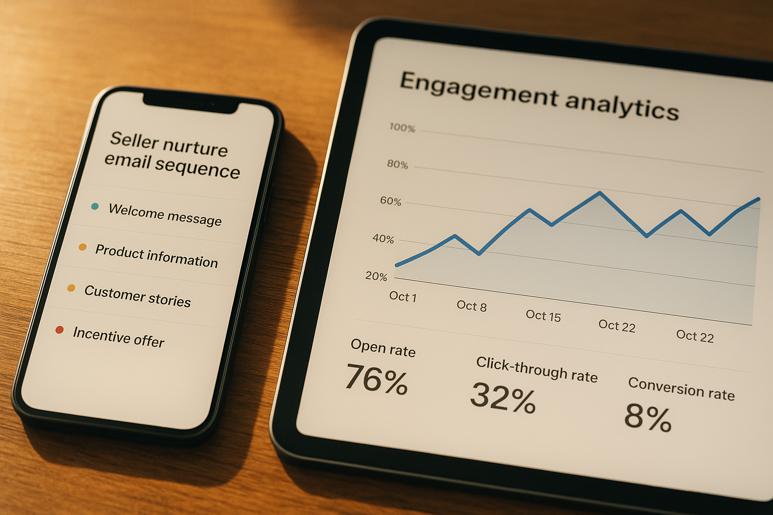 Seller nurture email sequence and engagement tracking screen from a real estate listing lead generation tool