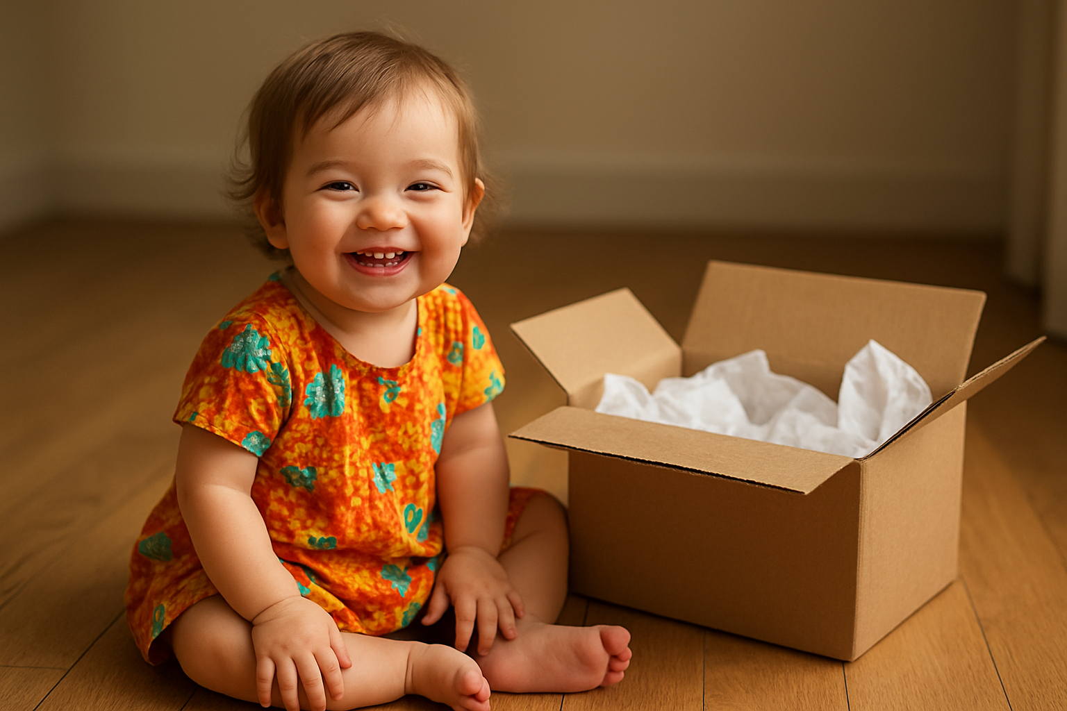 Happy child unpacking a kids clothing rental subscription box at home
