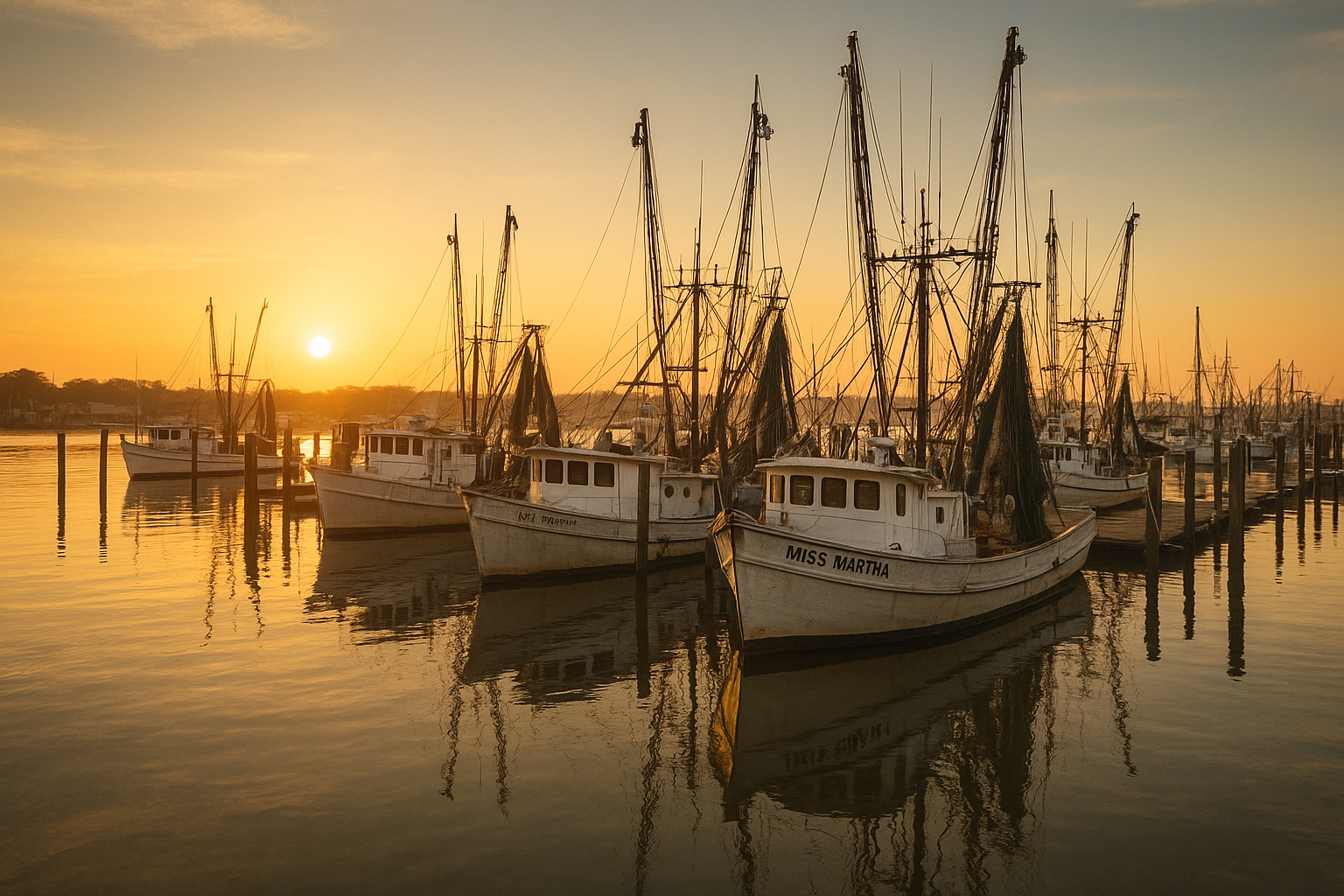 Marina docks with boats used for party boat fishing Myrtle Beach trips at sunrise