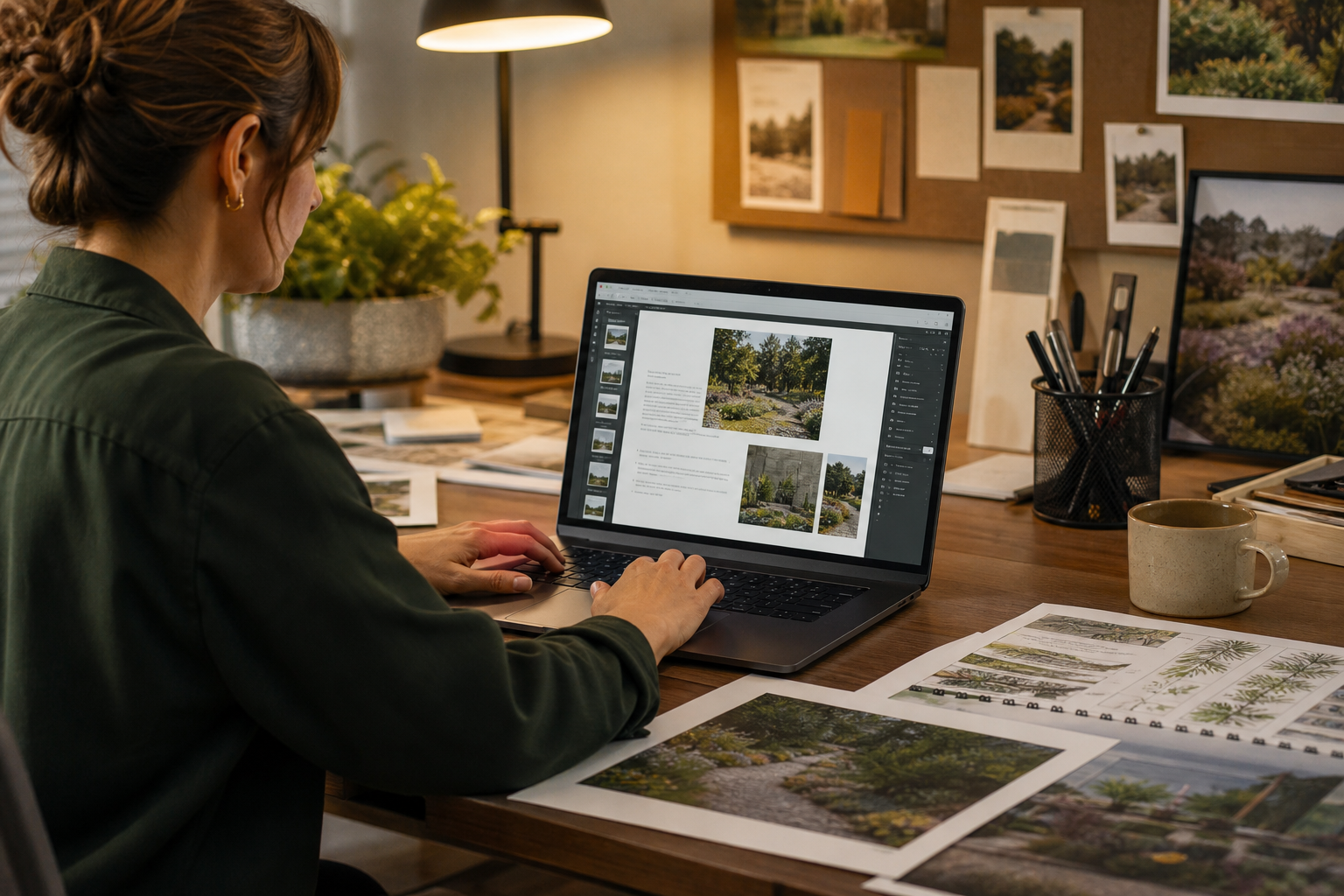Office coordinator building a branded landscaping proposal on a laptop computer