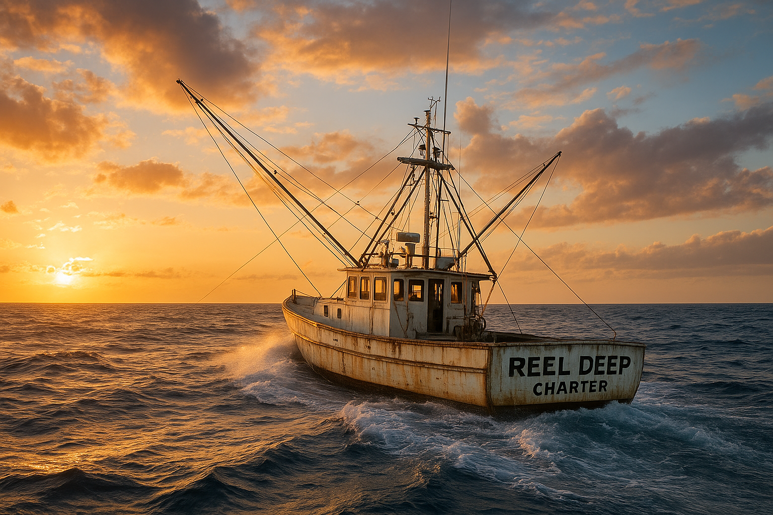 Private charter boat heading offshore for deep sea fishing around Myrtle Beach at sunrise