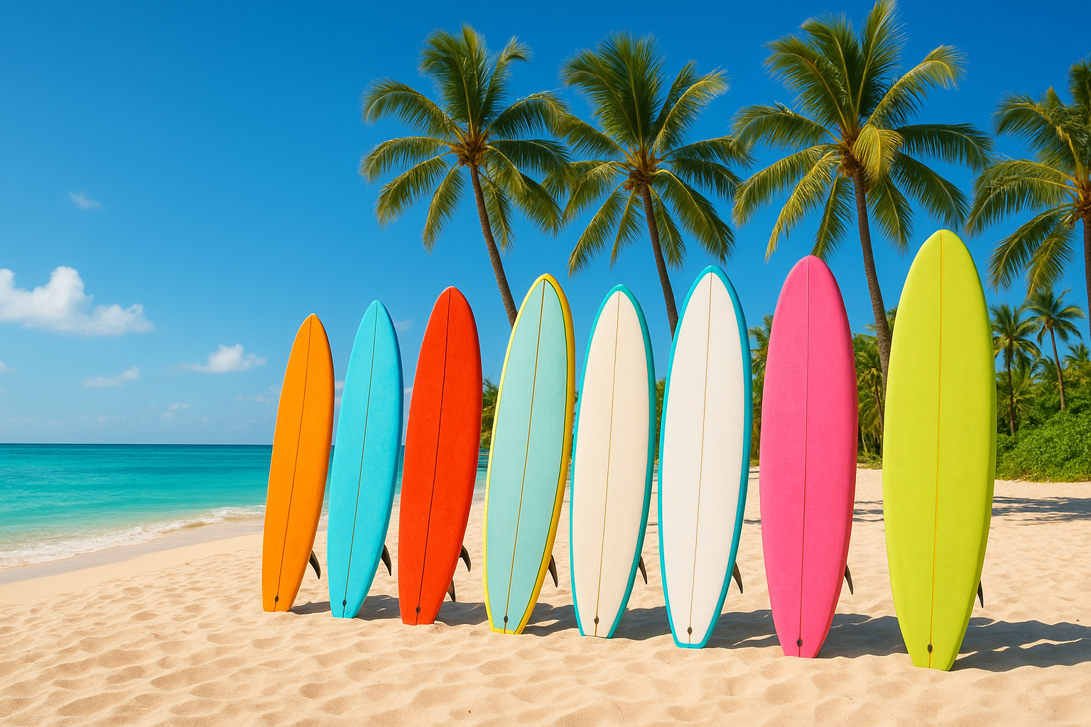 Colorful surfboards available for rent lined up on a Waikiki beach with palm trees in the background