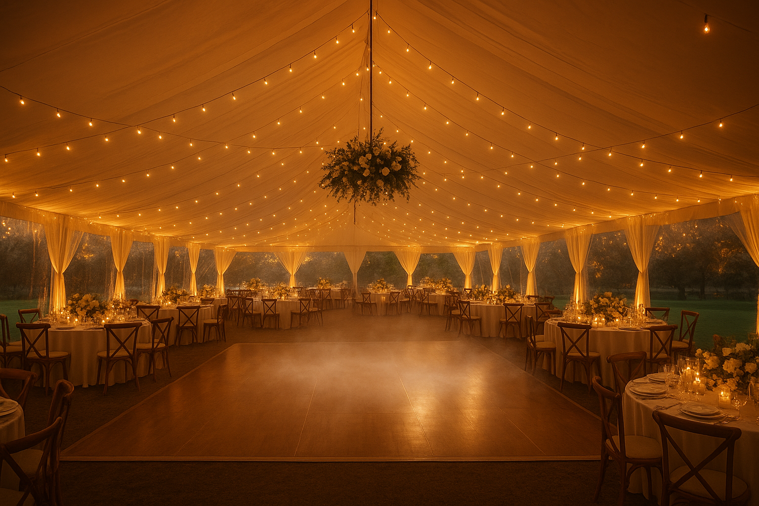 Wedding reception dance floor lit with uplighting by a Tri-State event production team