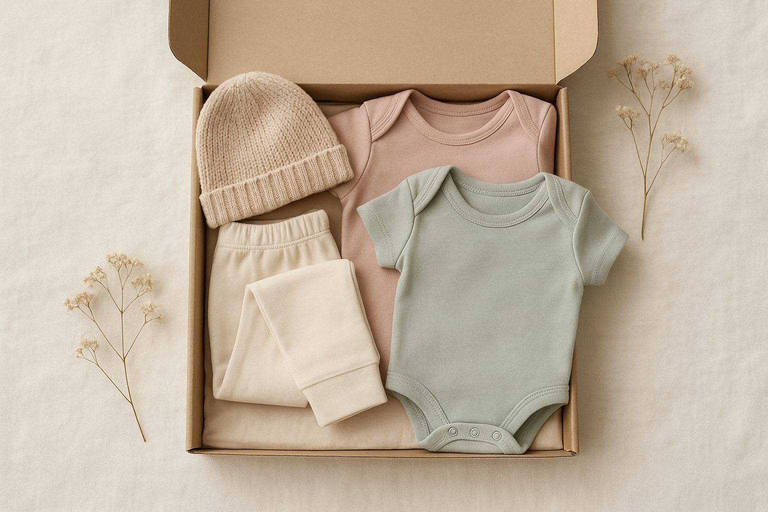 Open designer baby clothing subscription box with curated pastel outfits on cream linen
