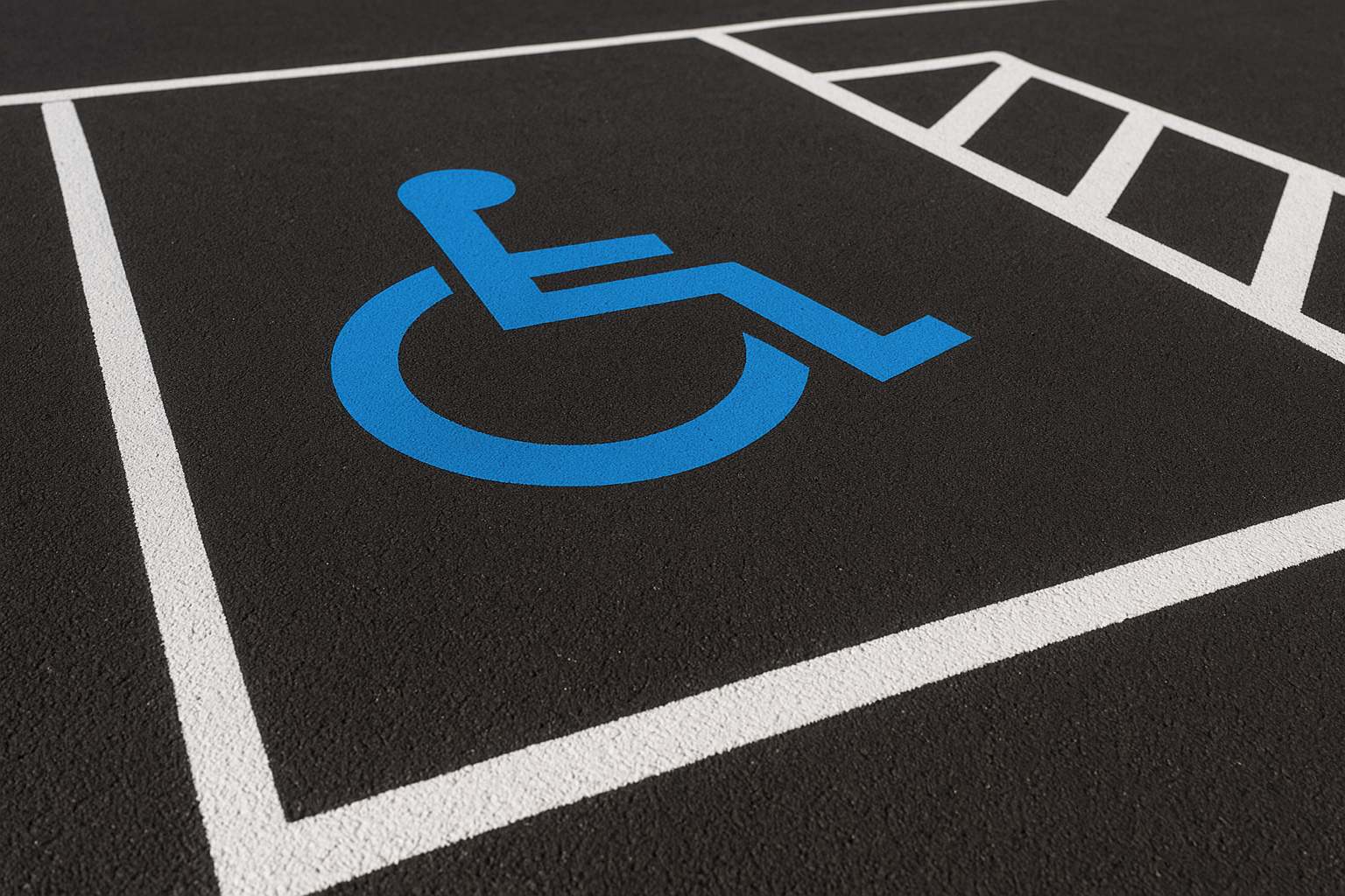Close-up of ADA-compliant handicap parking stall with blue wheelchair symbol as part of professional parking lot striping services