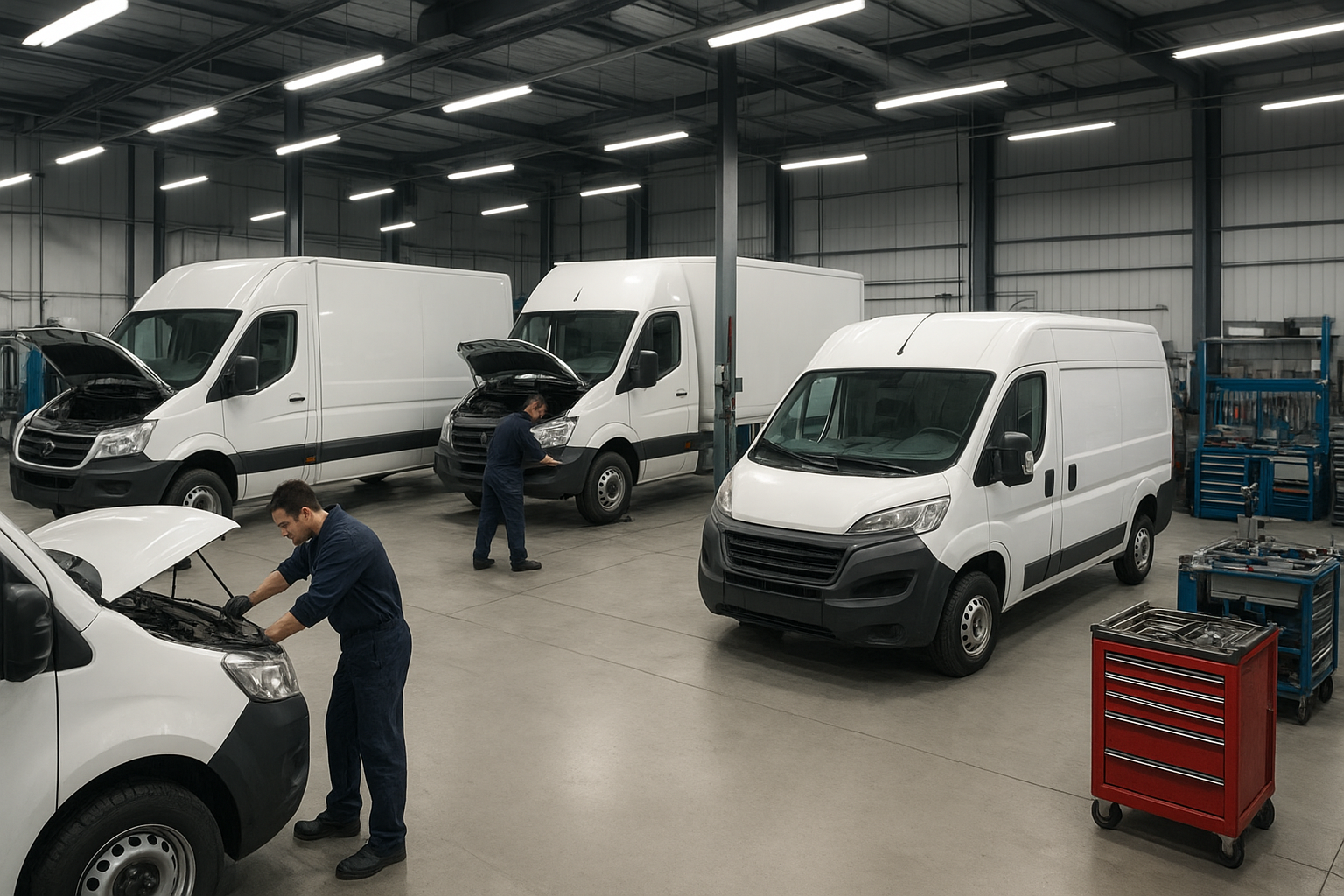 Interior of a busy commercial auto body shop with fleet vehicles being repaired by technicians