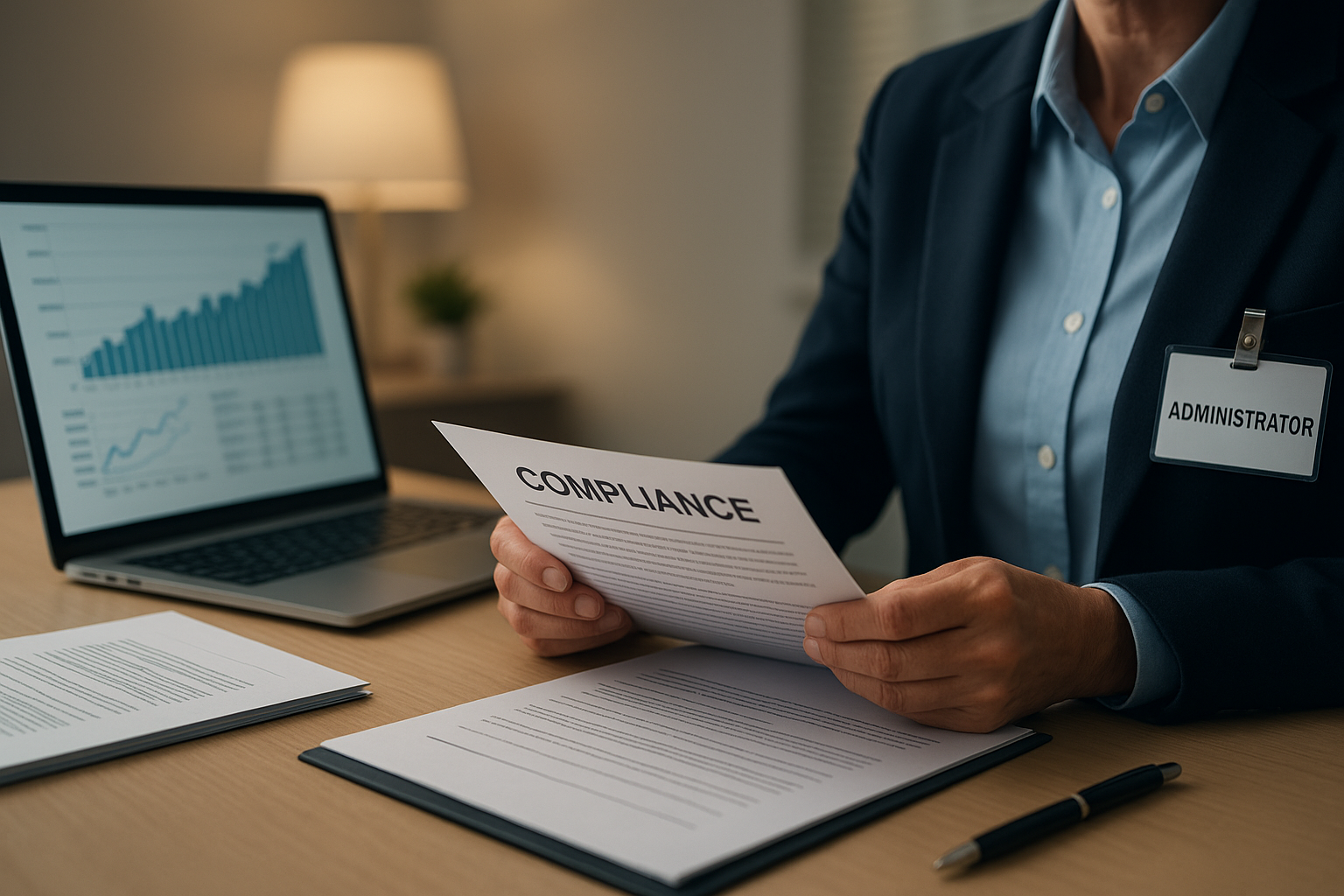 Healthcare administrator reviewing DHS compliance paperwork alongside financial reports