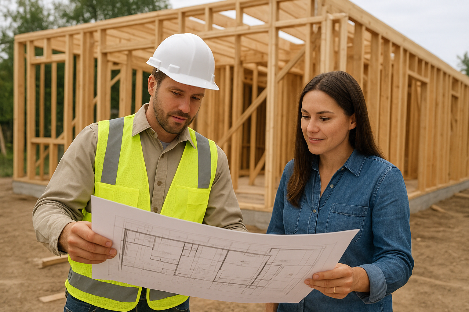 Contractor and homeowner reviewing ADU construction blueprints on a residential building site
