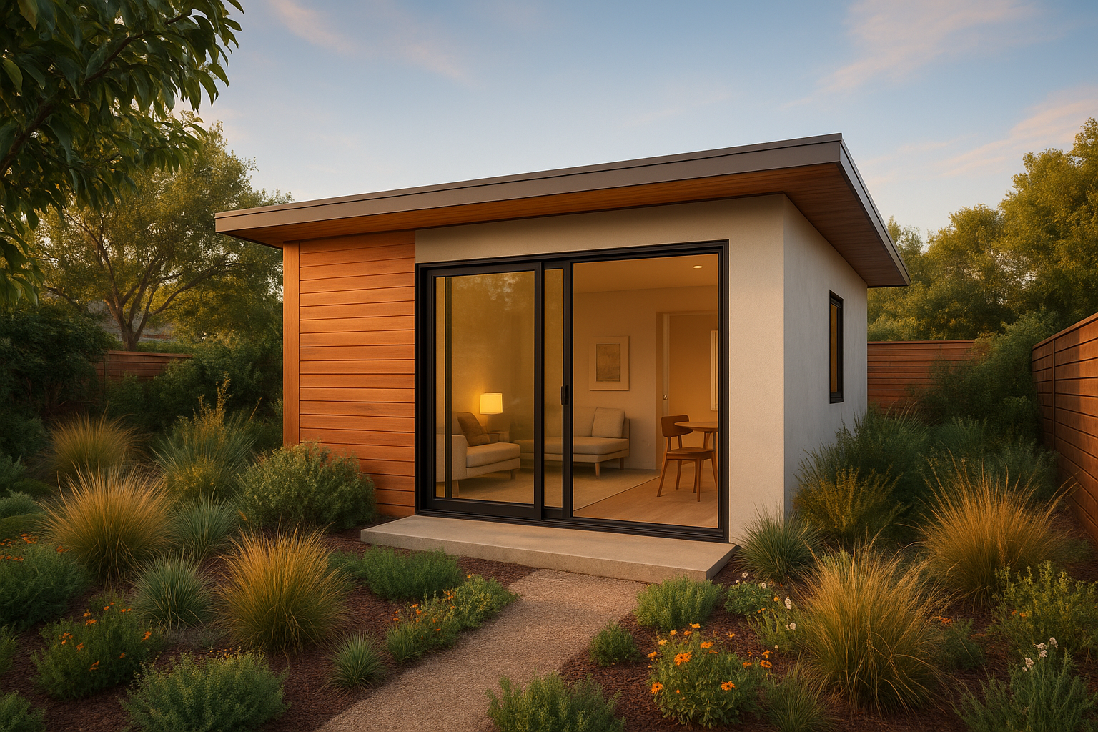 Custom ADU design featuring a modern detached backyard unit with glass doors and wood accents in Southern California