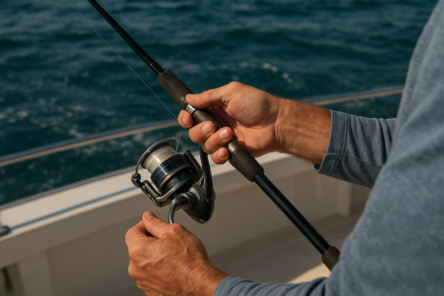 Angler reeling in a catch during an offshore deep sea fishing charter near Myrtle Beach