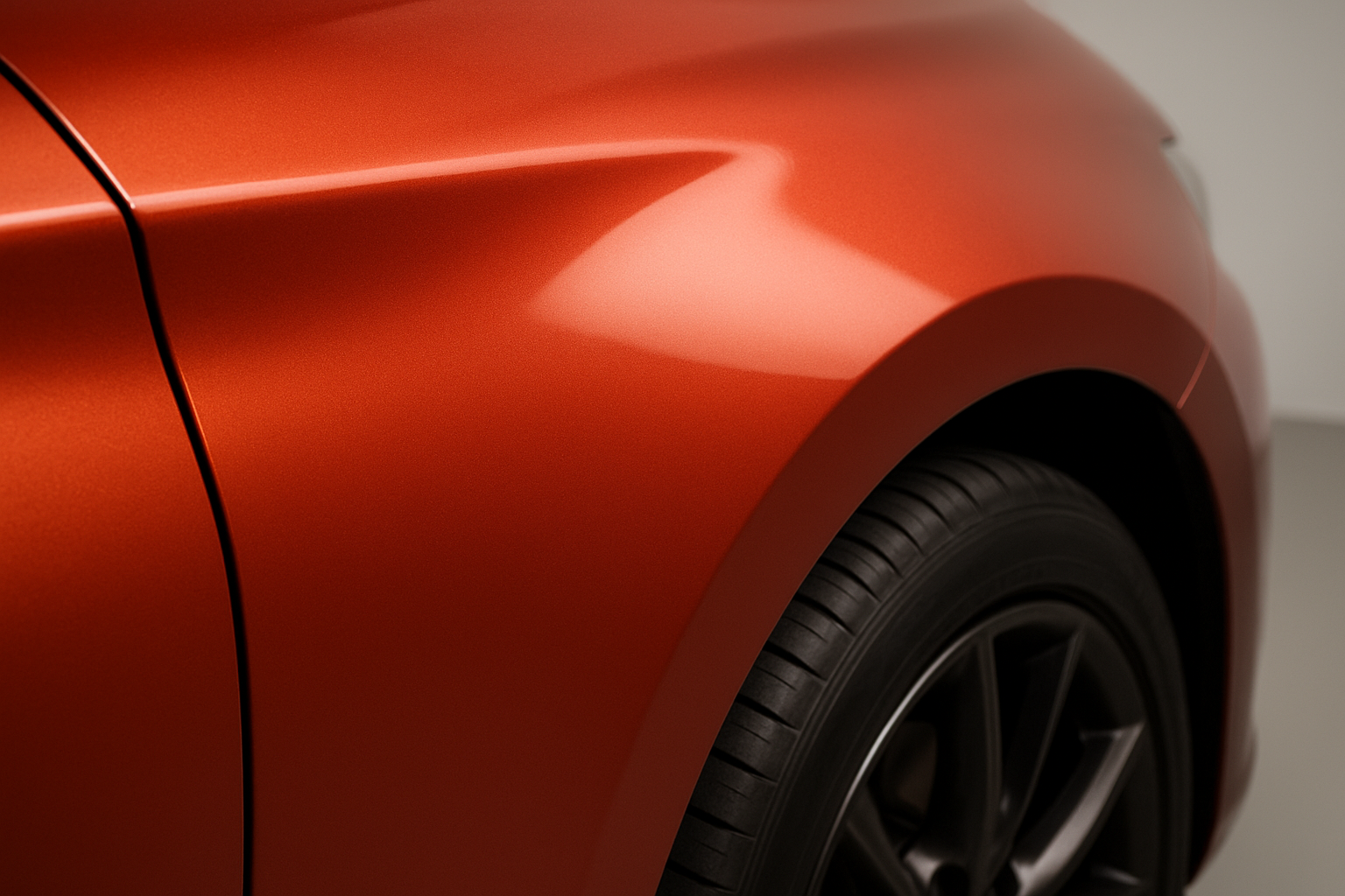 Freshly repaired and color-matched car quarter panel after professional auto body panel repair
