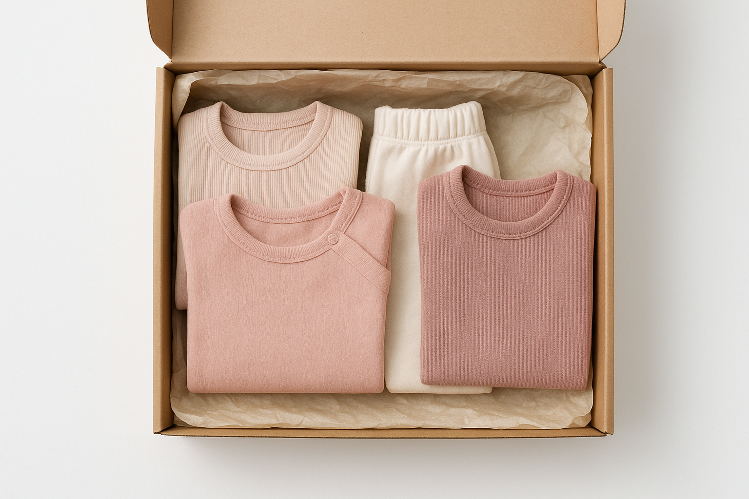Eco-friendly packaging for a baby wardrobe rental service delivery box with folded pastel baby clothes