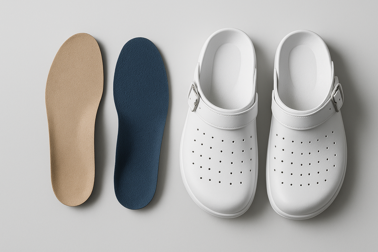 Custom orthotics for nursing professionals placed next to white nursing shoes