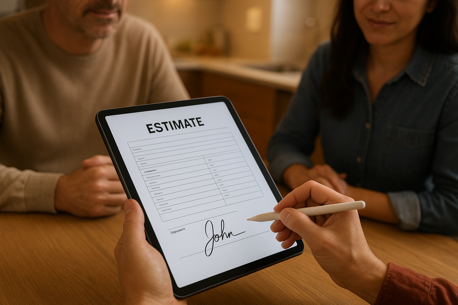 Homeowner signing a digital estimate generated by lead management software for contractors