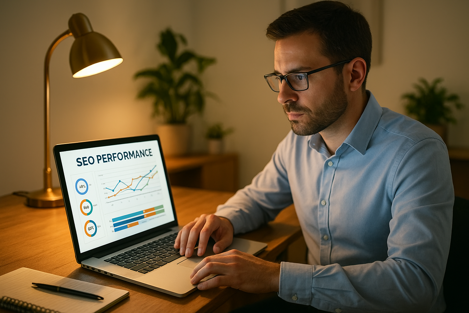 Professional reviewing SEO agent performance reports on a laptop