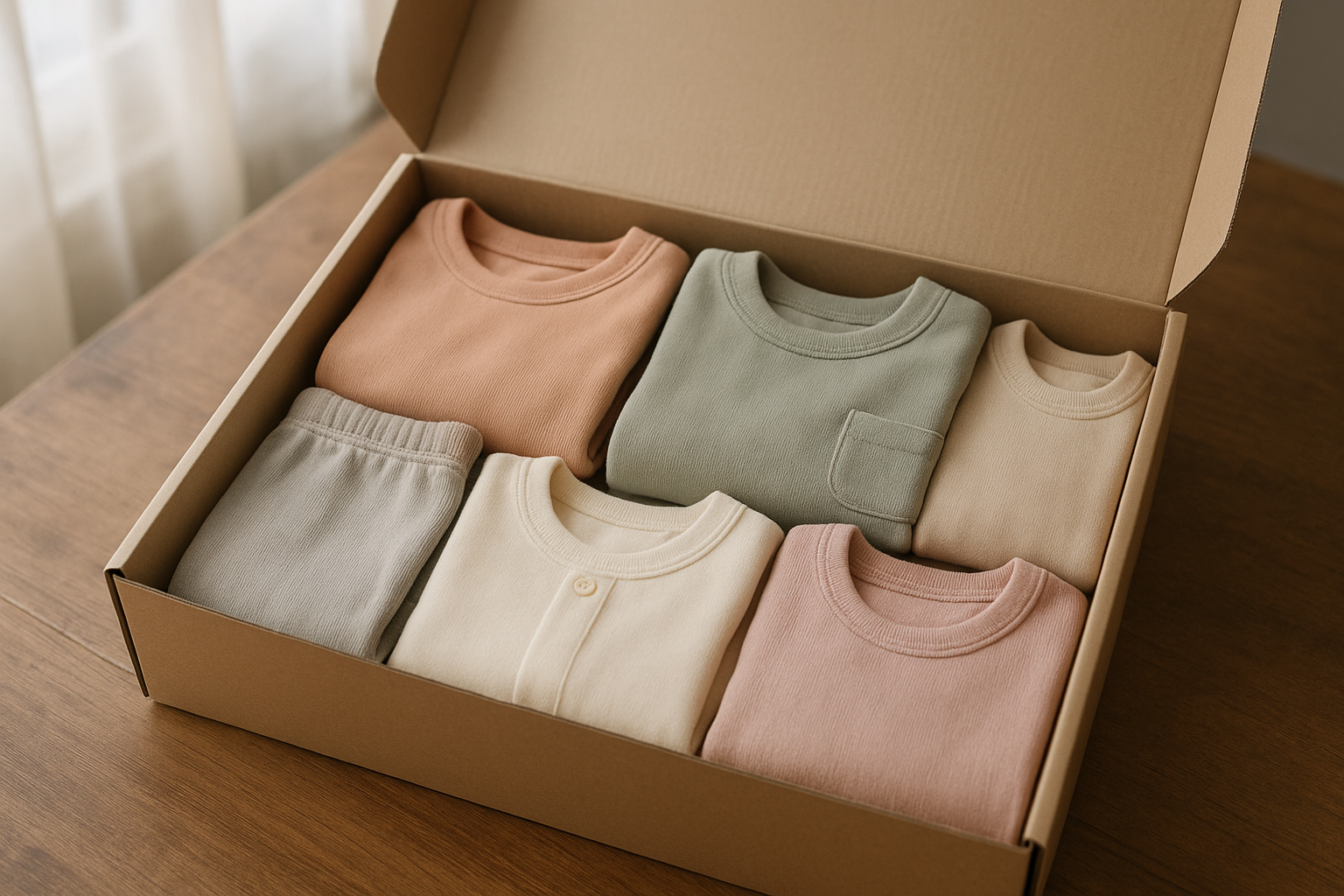 Premium children's fashion delivery box filled with folded designer kids clothing