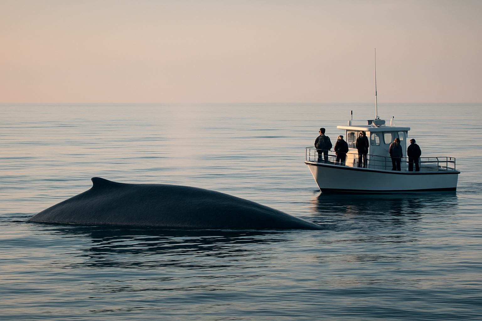Small group boat on a San Diego blue whale viewing tour watching a blue whale surface offshore