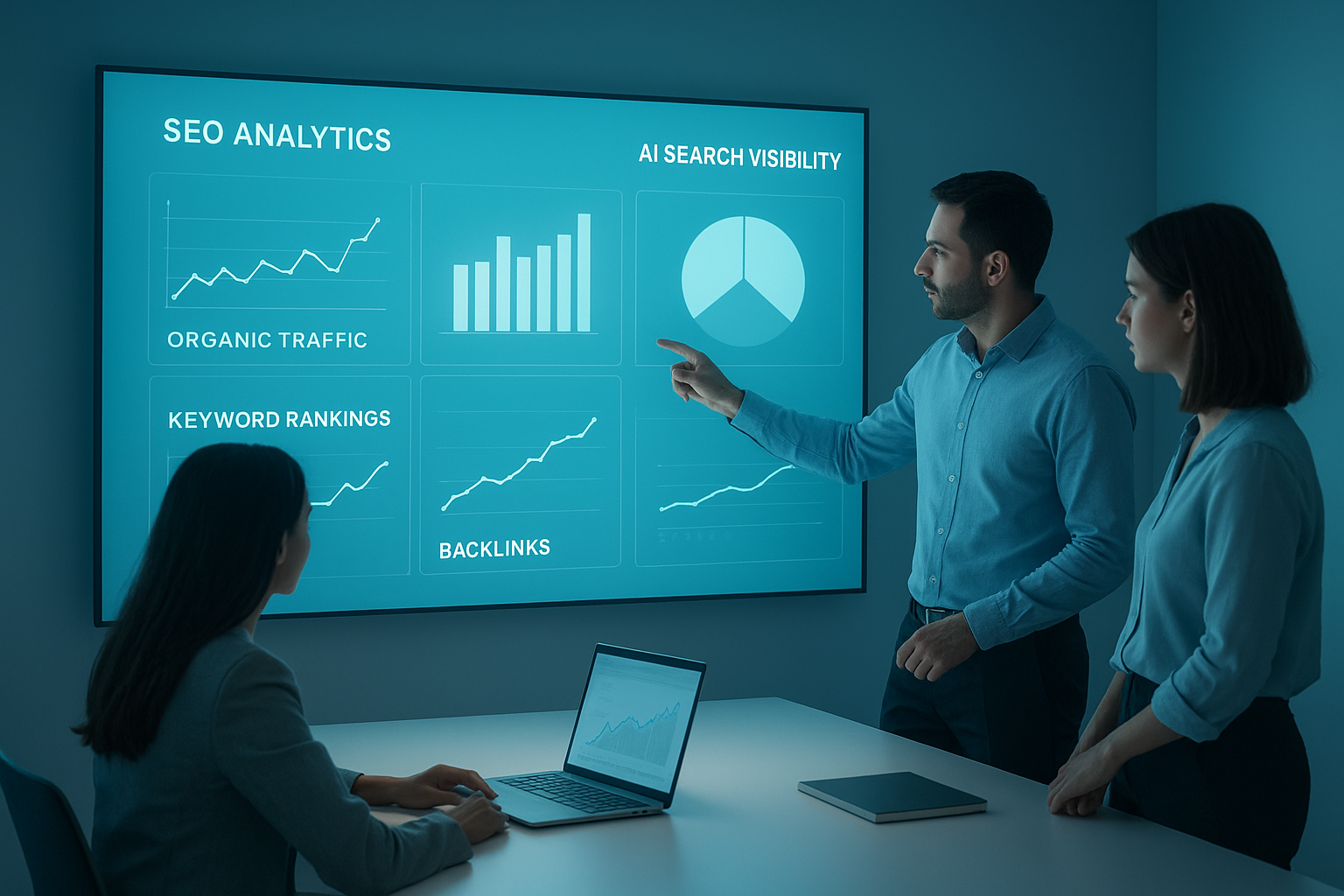 Team reviewing enterprise AI SEO solutions dashboard with analytics charts