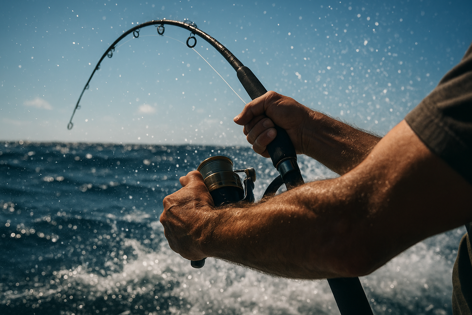 Angler fighting a large fish during an offshore deep sea fishing trip near Myrtle Beach