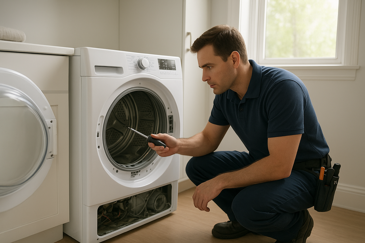 Technician performing dryer machine repair near me service in a Santa Rosa home laundry room