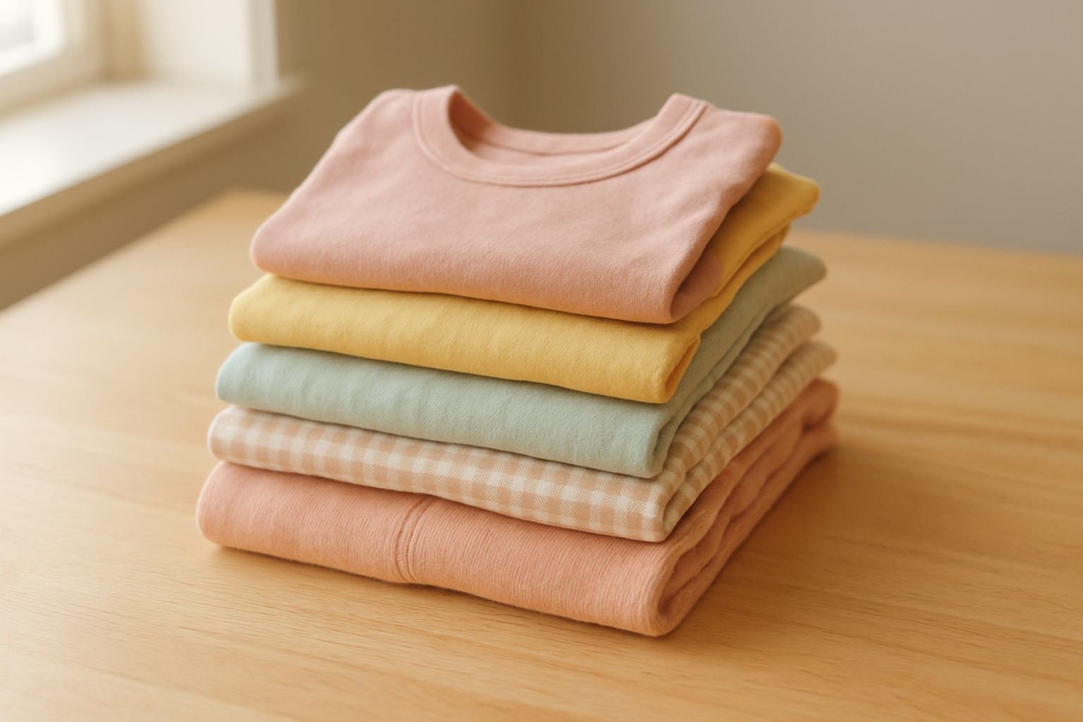 Colorful growing child clothing service bundle neatly folded on a wooden table