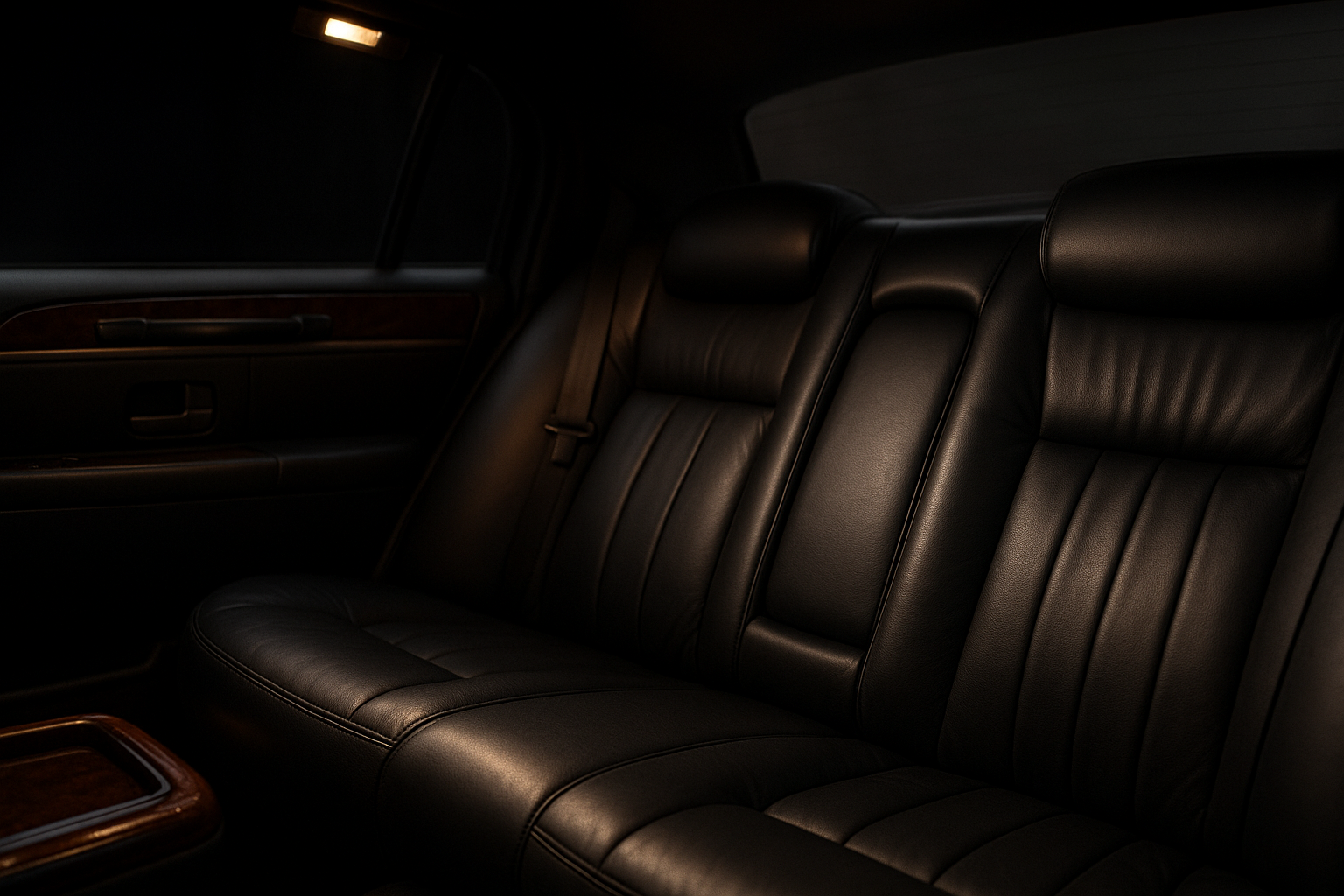 Polished leather interior of a luxury chauffeured limousine