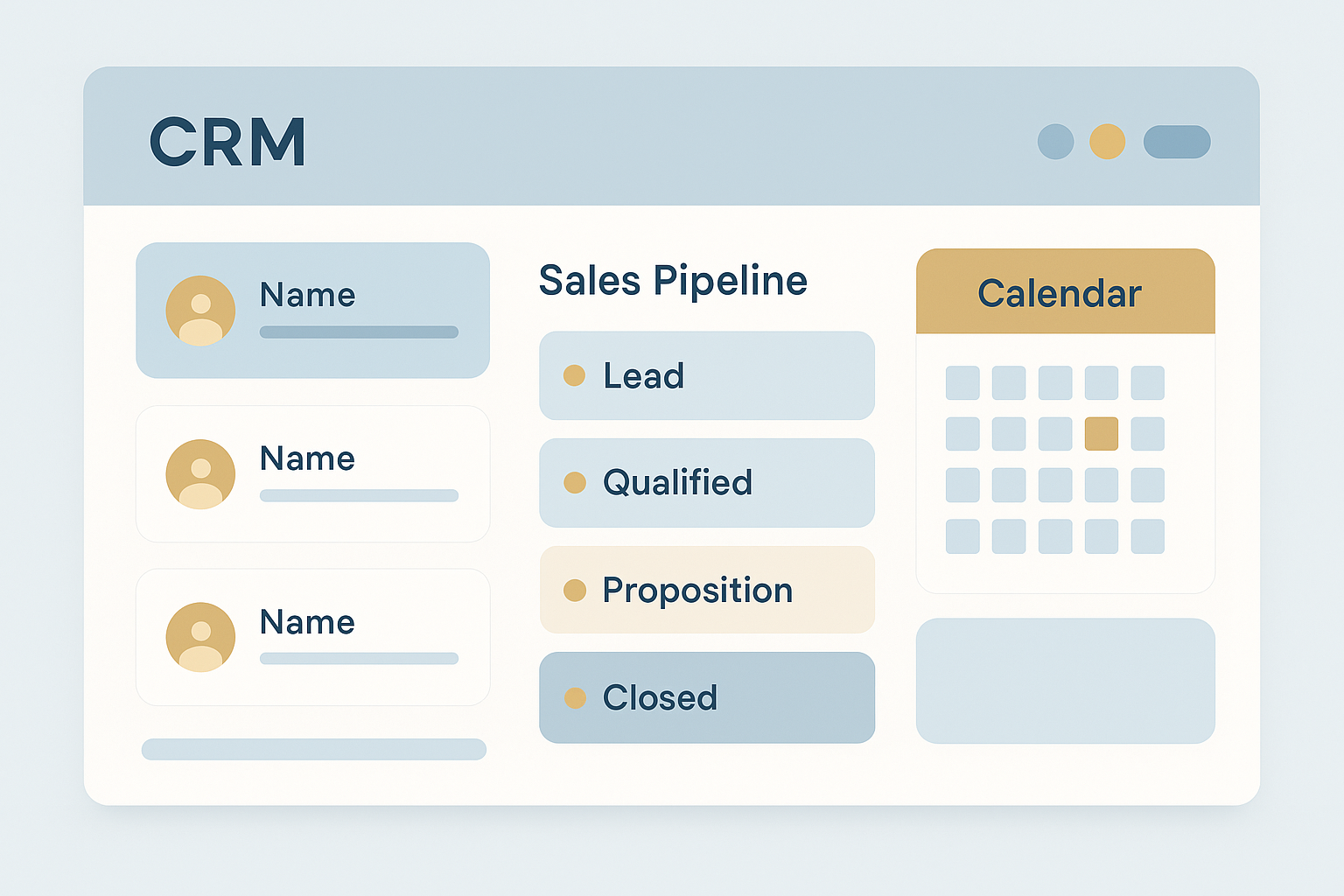 Illustration of a budget-friendly CRM dashboard with contacts, pipeline, and calendar panels