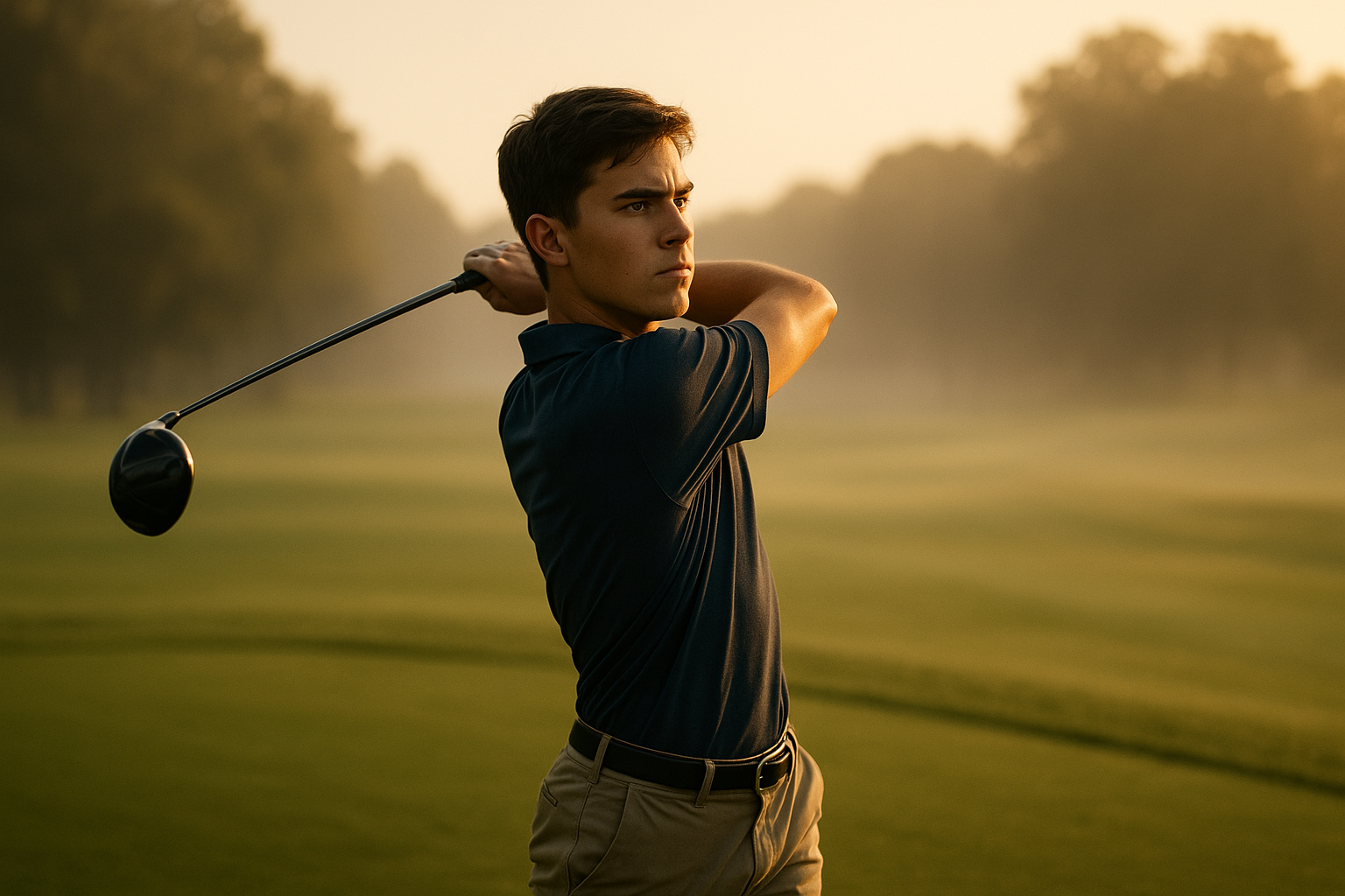 Competitive golfer applying corrected swing technique to avoid common training mistakes