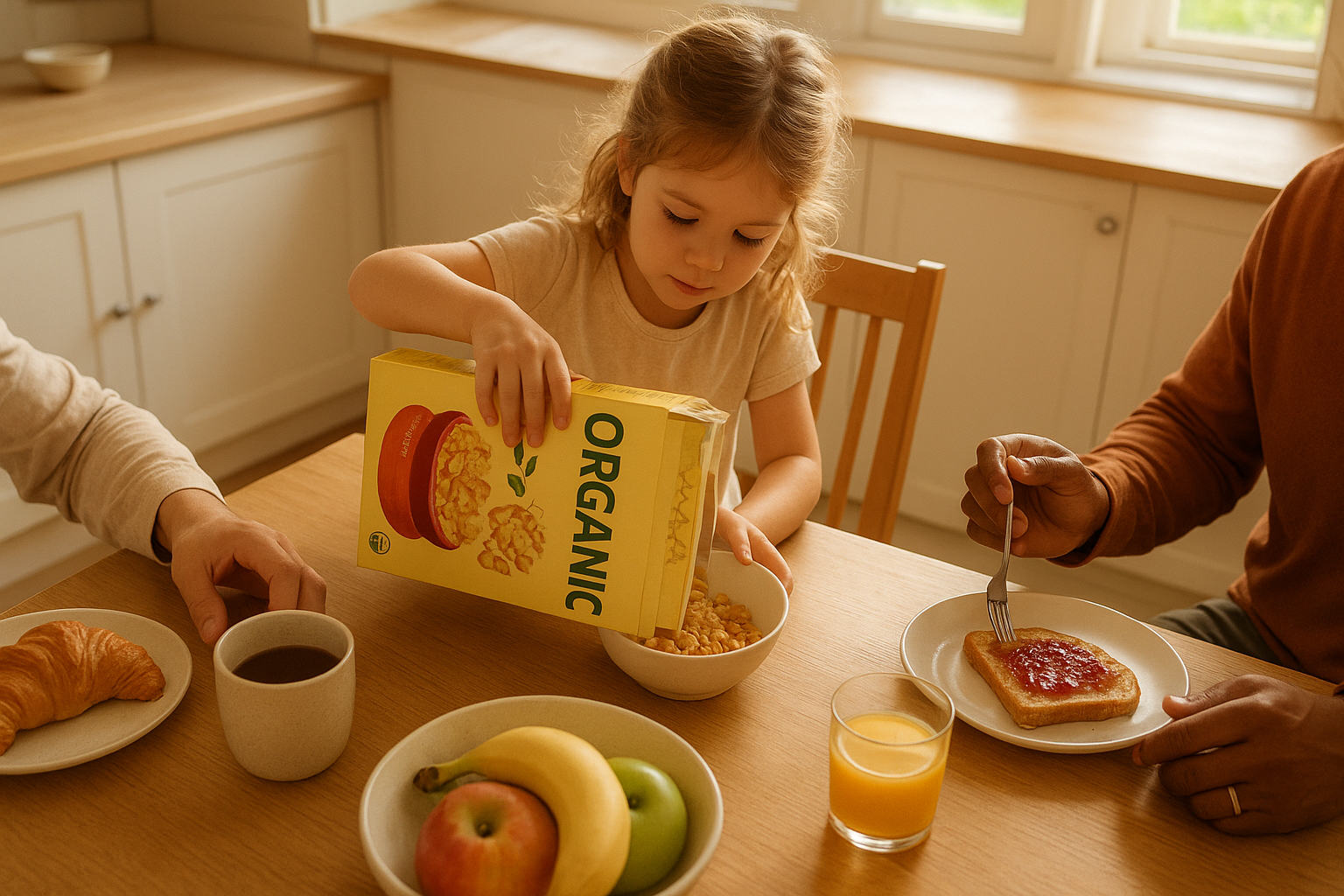 Child pouring organic puffed cereal into a bowl at a family breakfast table