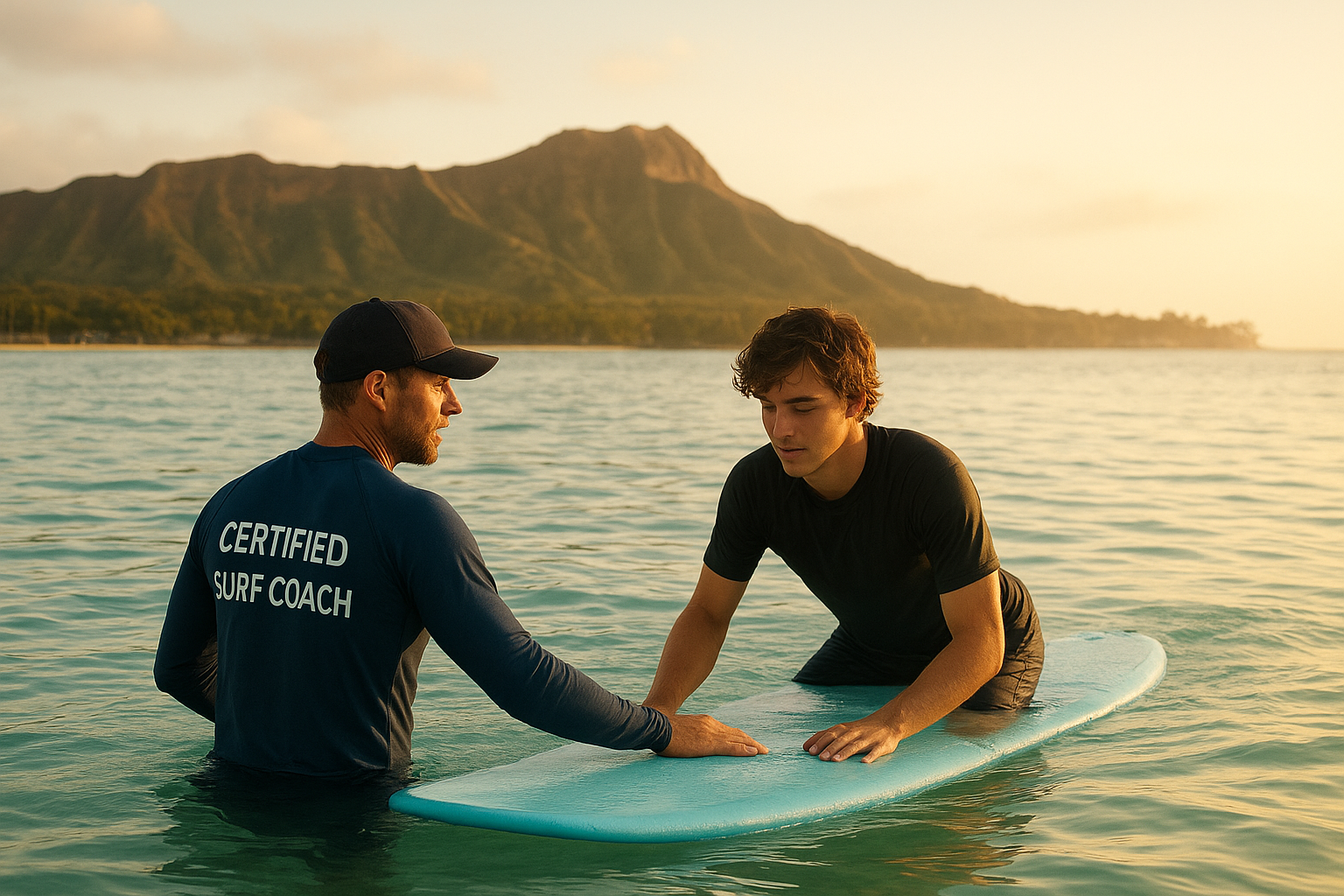 Certified surf coach guiding a student through surf lessons with certified coaches Honolulu at Waikiki Beach