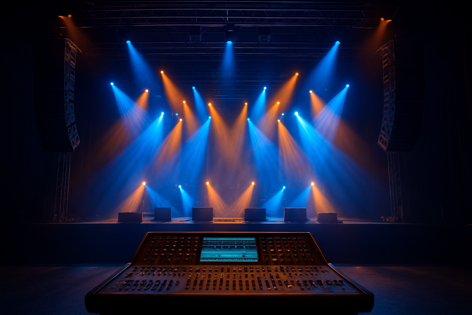 Professional audio visual rental services setup with line-array speakers and stage lighting at a live event