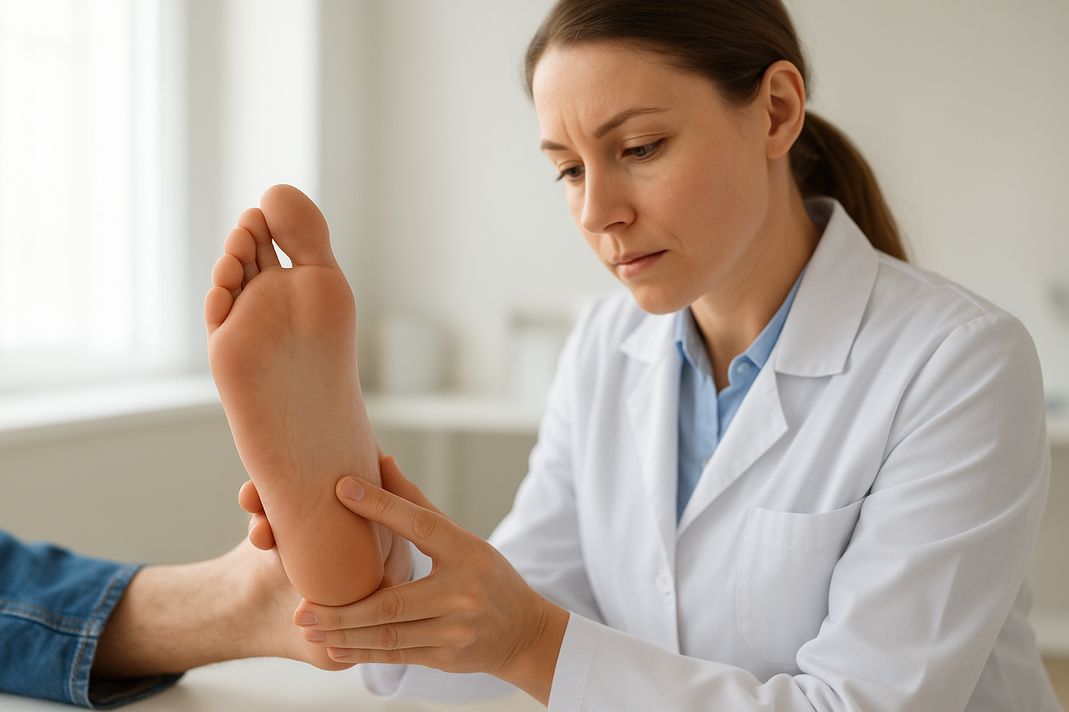Podiatrist evaluating a patient's flat foot arch to determine treatment options for flat feet