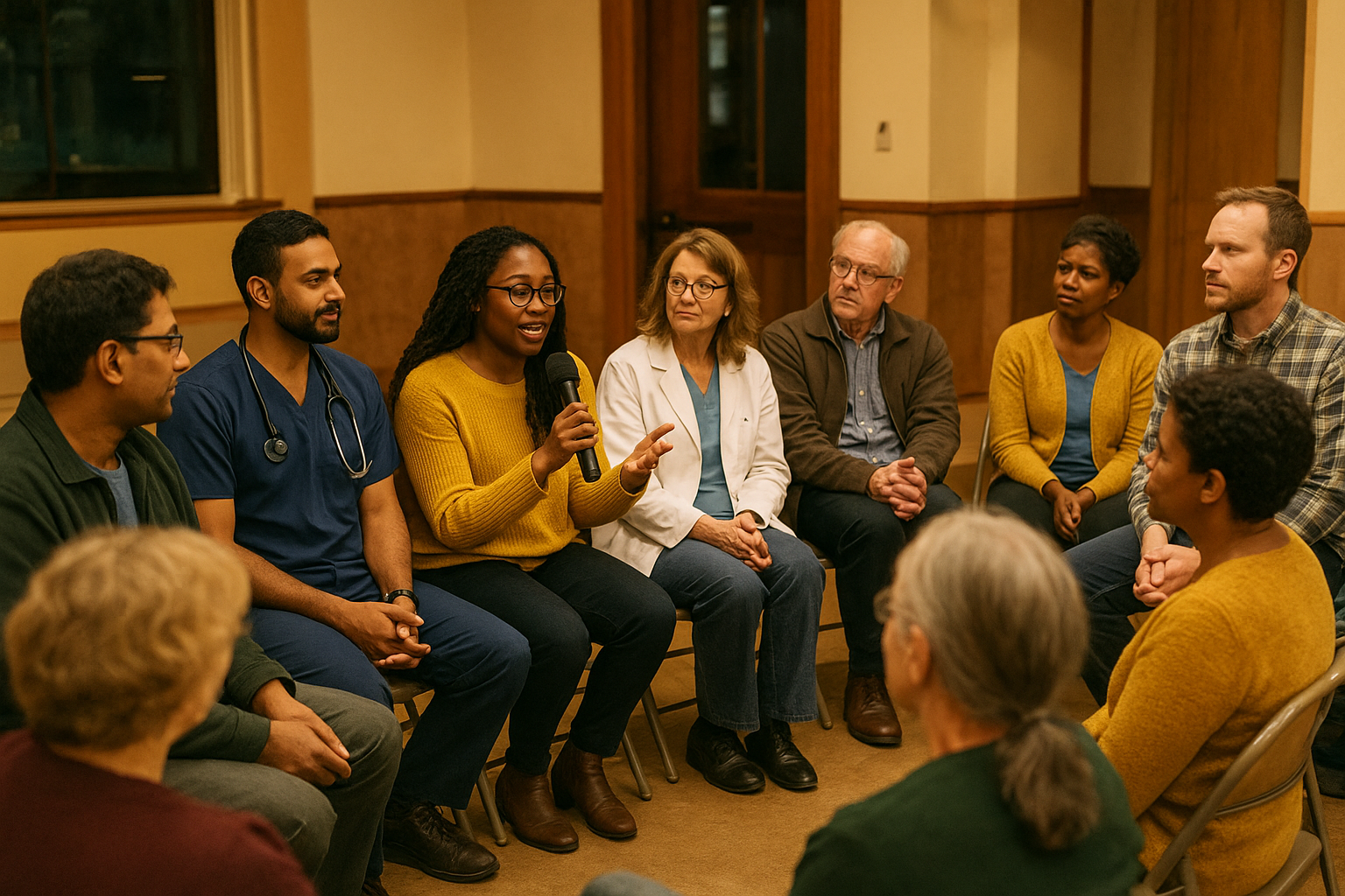Community members and clinicians discussing AI equity during a participatory research session