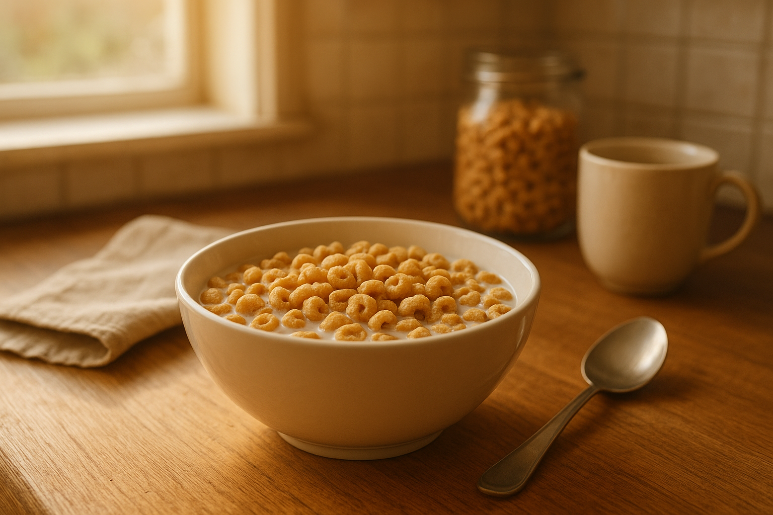 Bowl of the best organic cereal made from puffed whole grains on a kitchen counter
