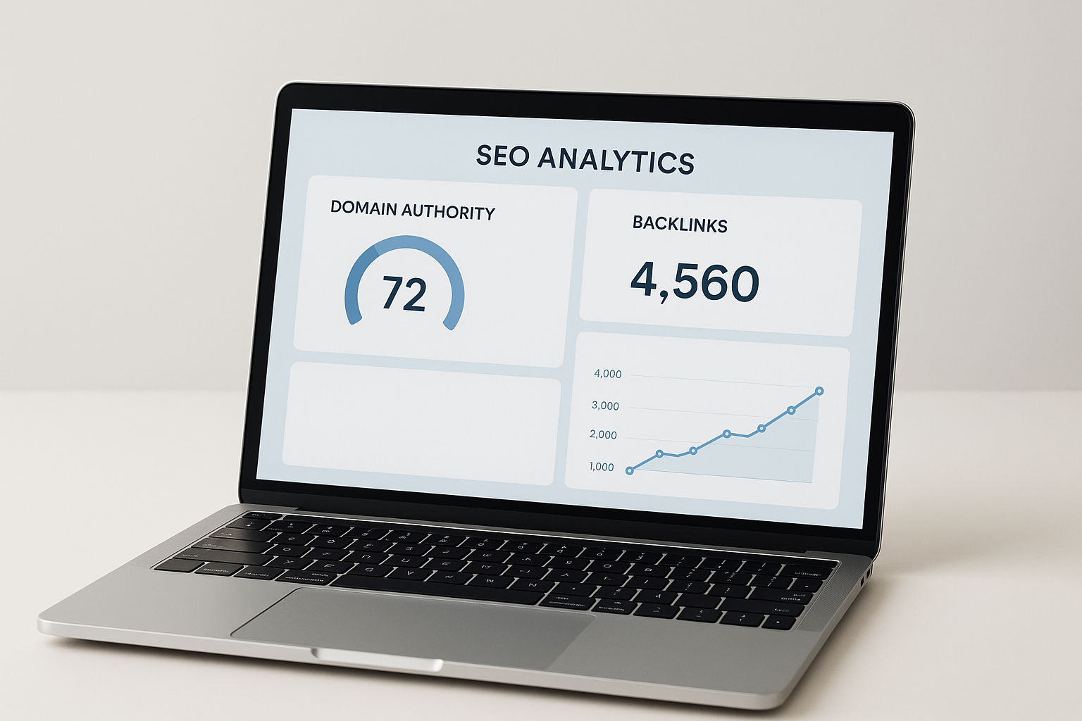 Domain authority checker dashboard displaying DA score and backlink metrics on a laptop