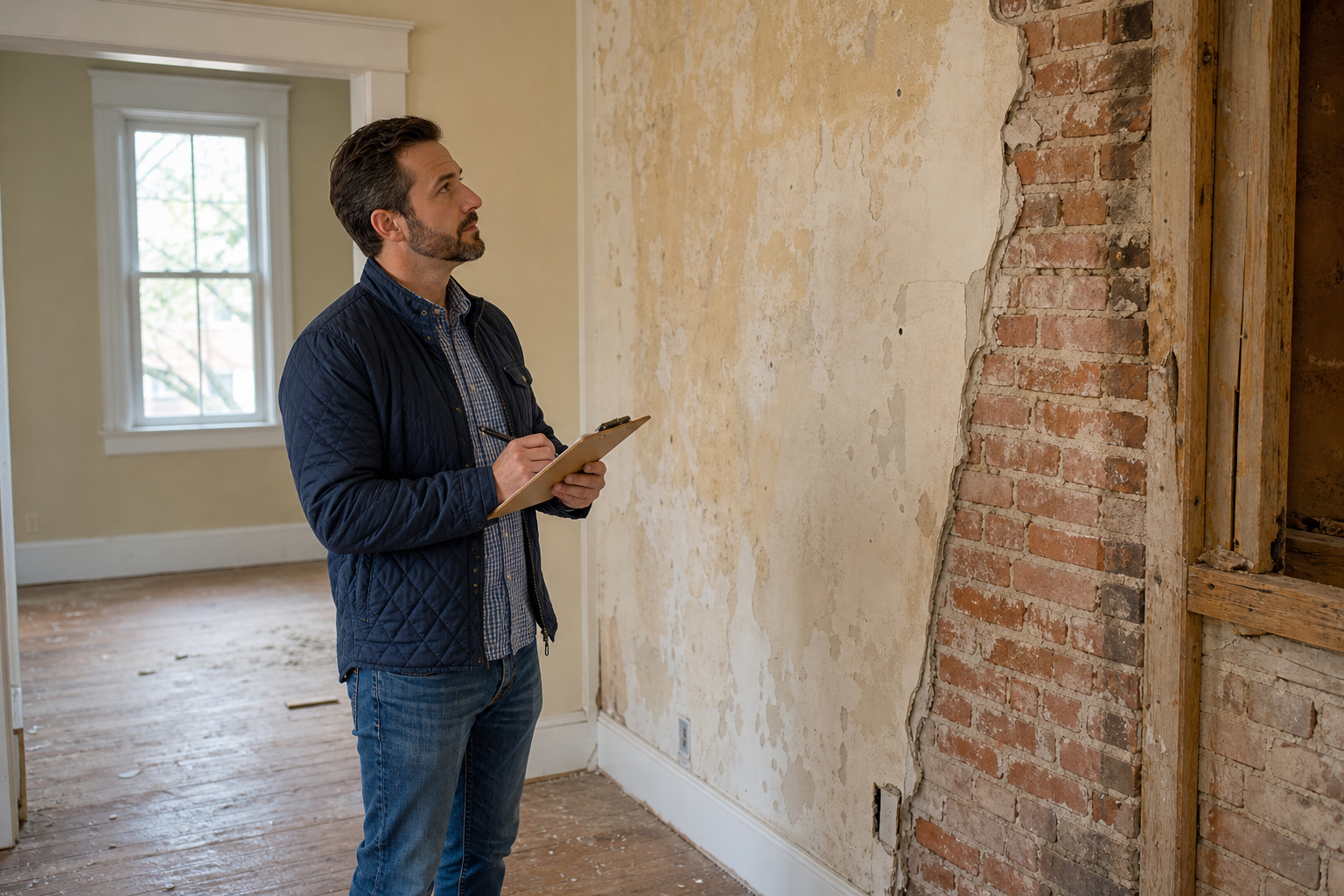 Investor inspecting a fixer-upper property to update repair costs before finalizing an offer