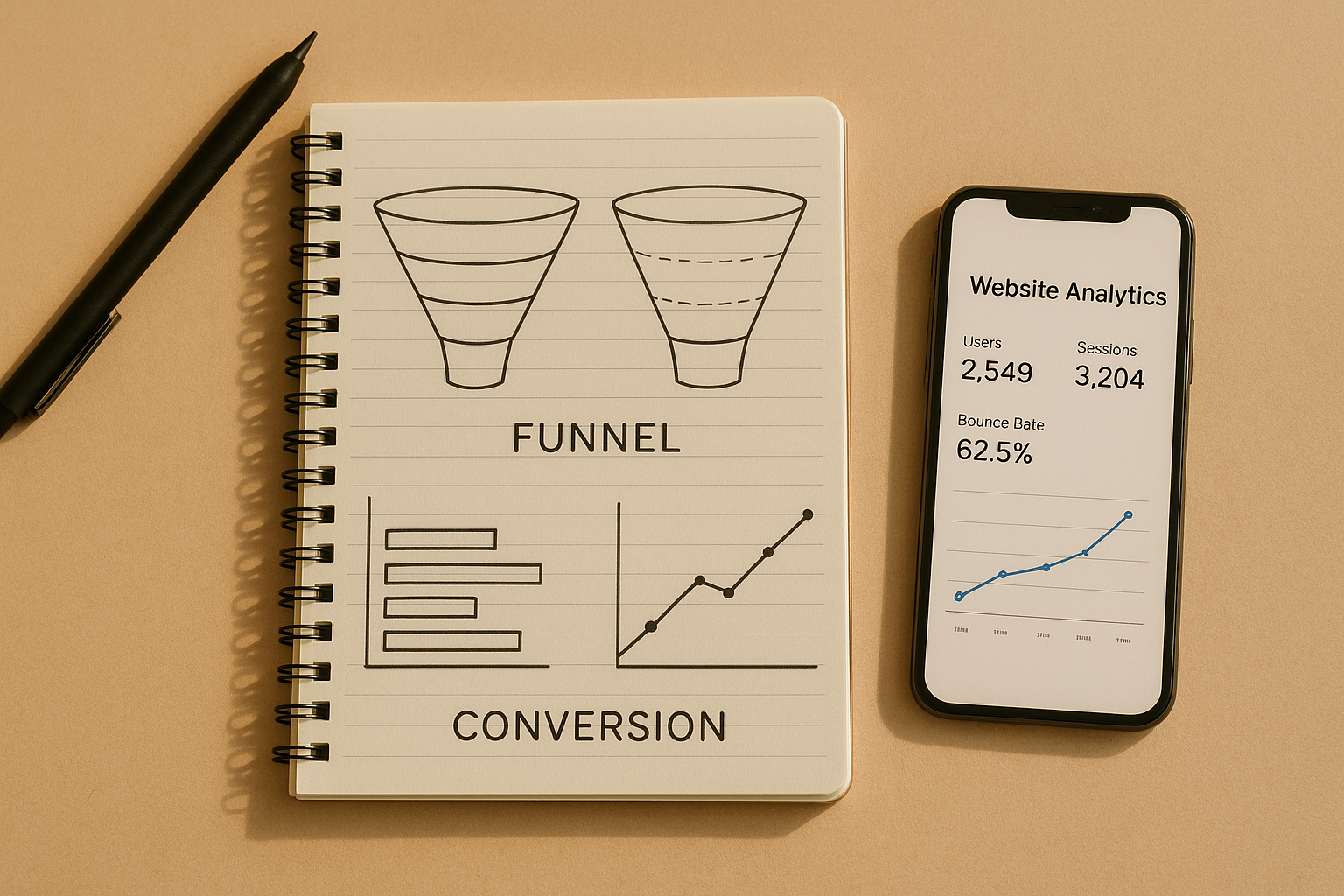 Notebook with conversion funnel diagrams alongside a smartphone showing website optimization analytics