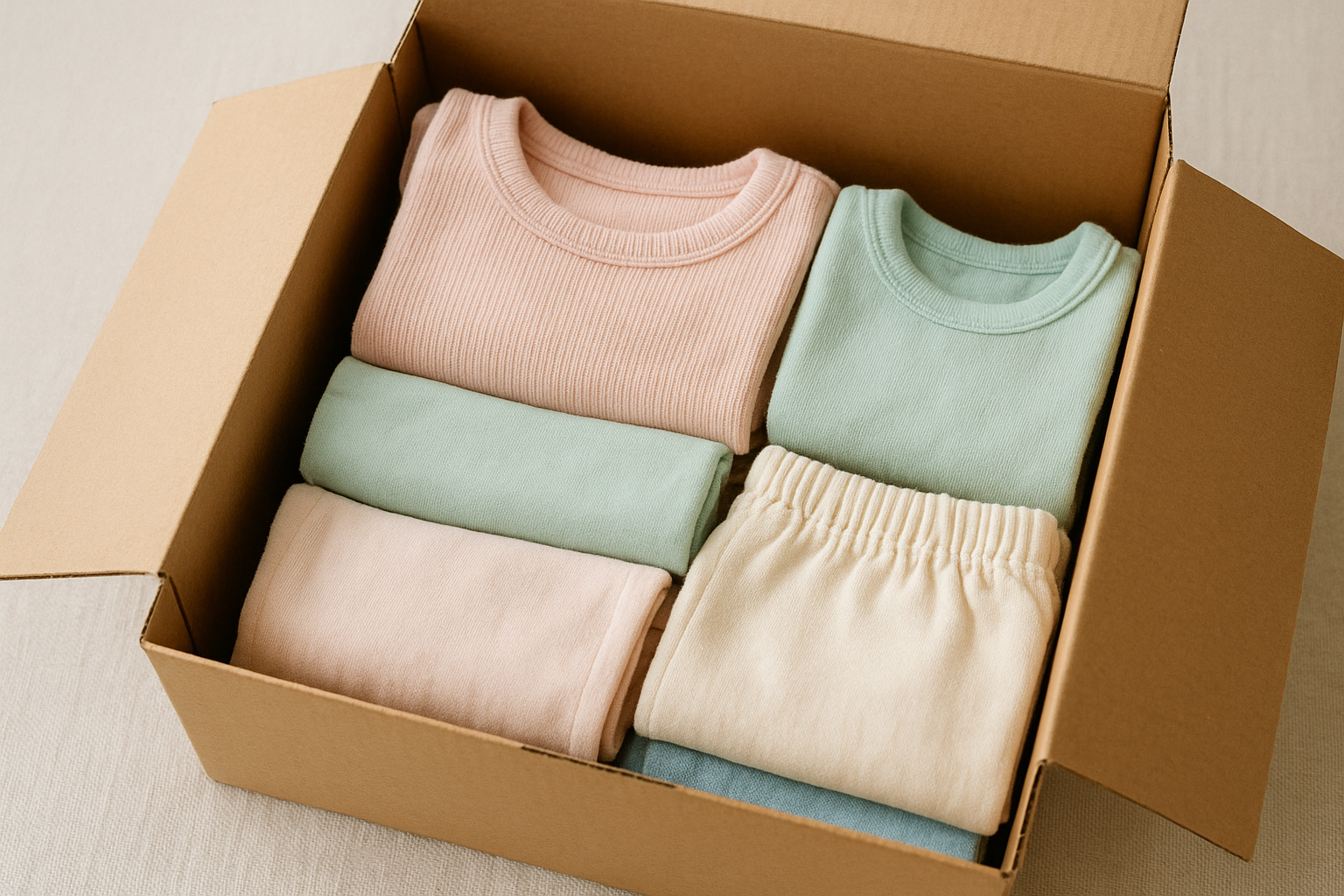 Close-up of neatly folded toddler outfits packed inside a rental subscription delivery box