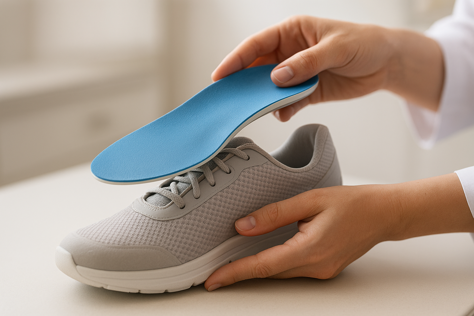 Custom orthotic insole fitted inside a shoe for added foot comfort support