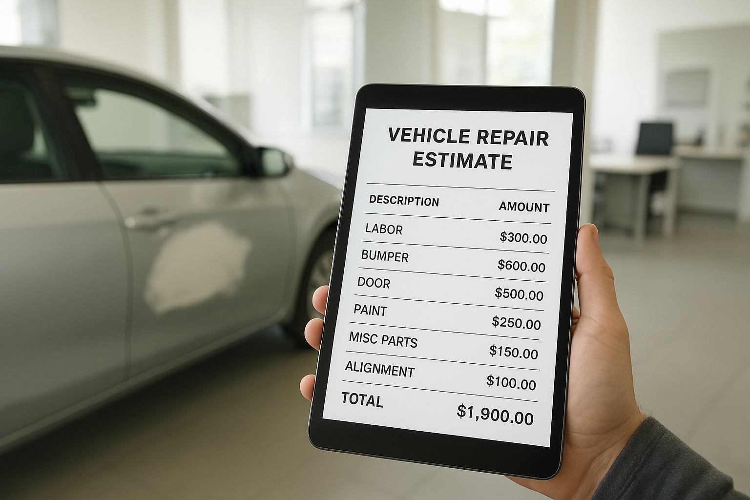 Hand reviewing a written collision repair estimate on a tablet