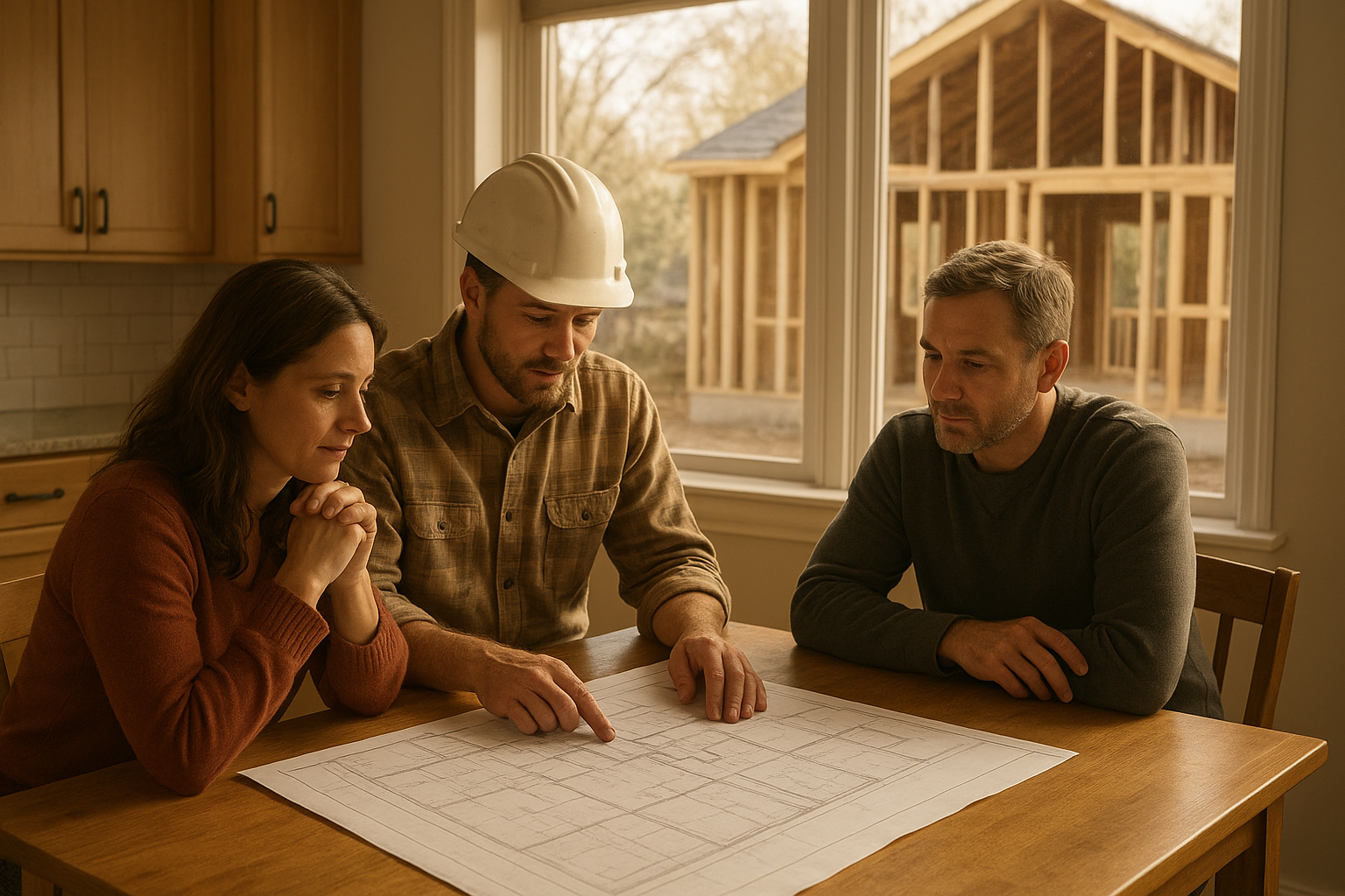 Attached ADU addition contractor reviewing blueprints with homeowners in Southern California