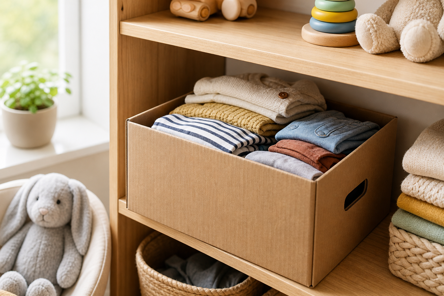 Open subscription box for toddler fashion with folded children's clothes on a shelf