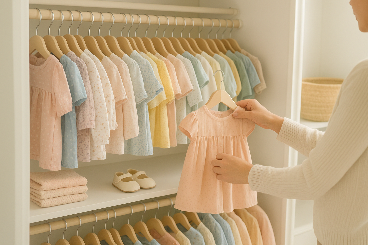 Parent browsing a curated rack for children's designer clothing rental