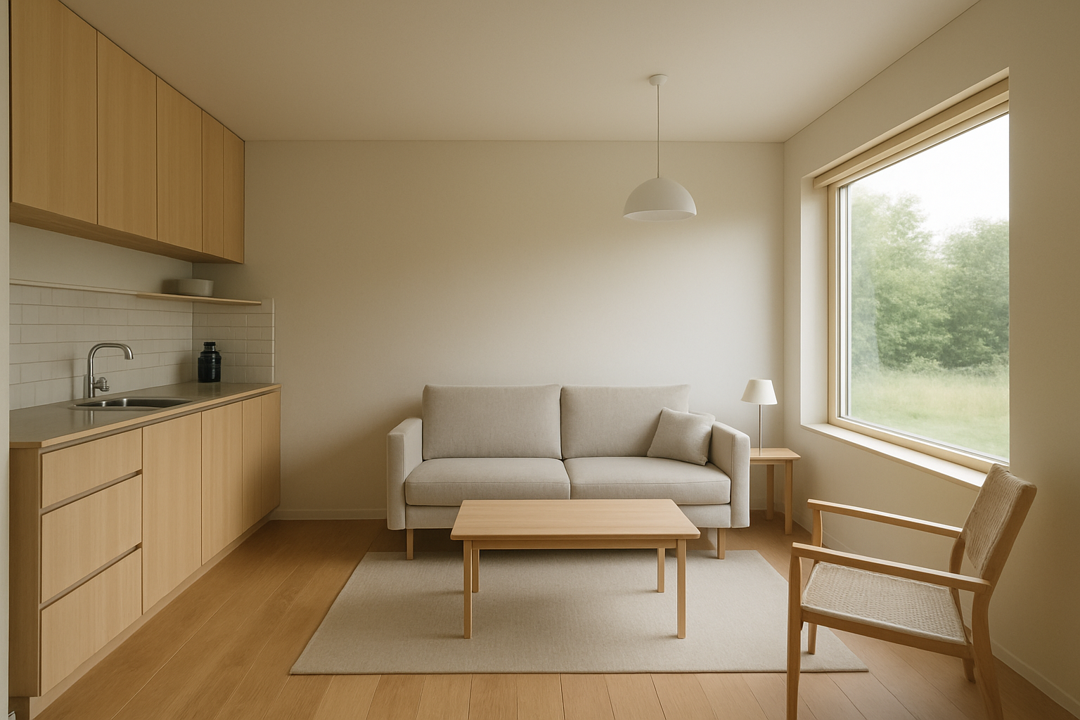 Bright modern interior of a prefabricated ADU built as one of many pre built homes California families use for rental income