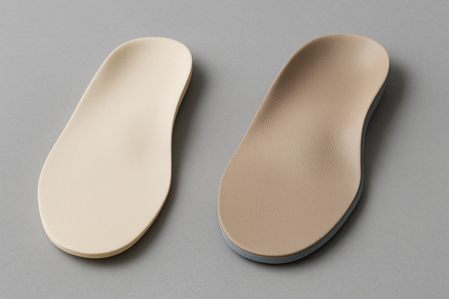 Comparison of a generic insole and a custom diabetic orthotic showing the difference in fit and cushioning