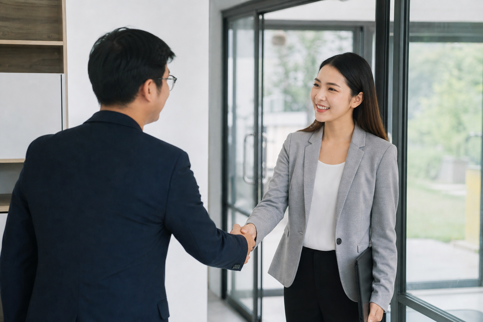 Manager and departing employee shaking hands during a respectful offboarding conversation