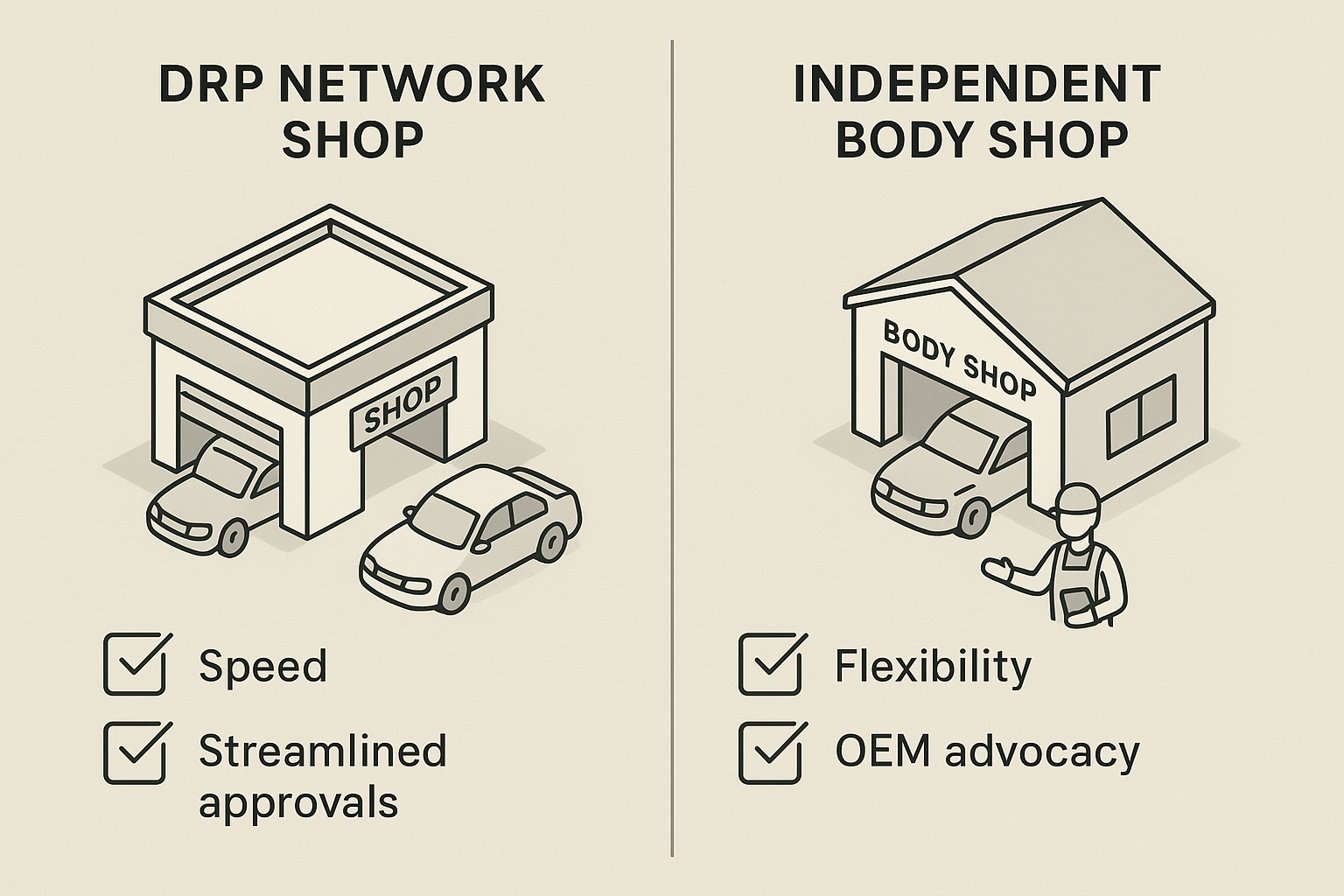 Illustration comparing DRP network shop and independent body shop for insurance claims