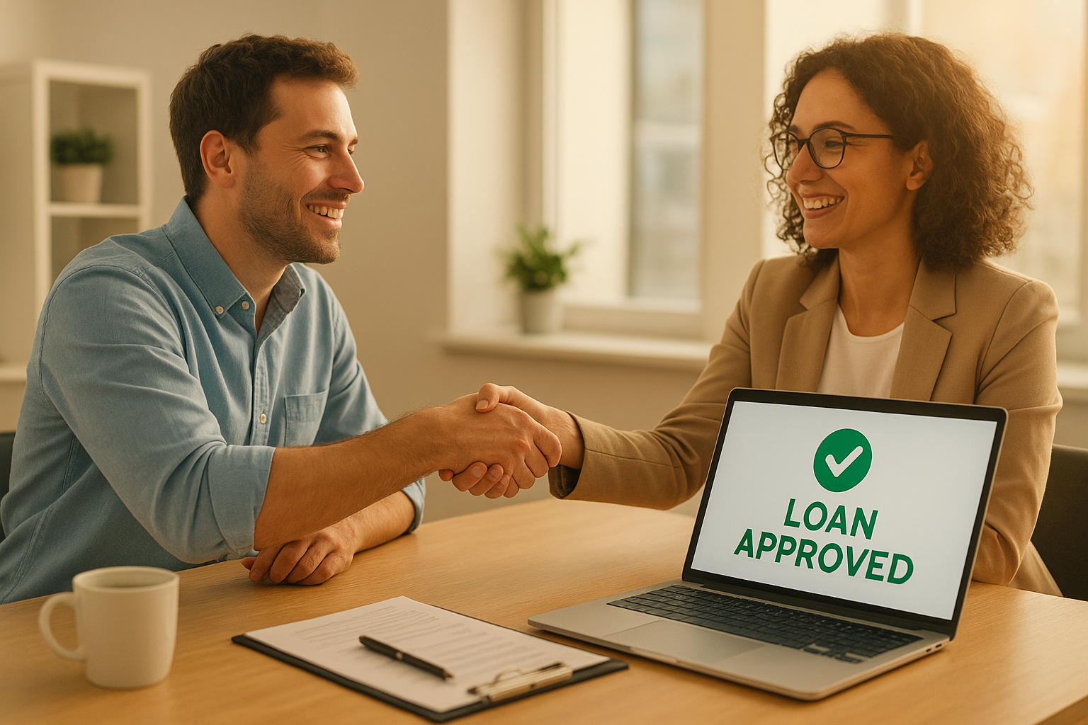 Business owner finalizing a small business loan agreement after comparing bank interest rates