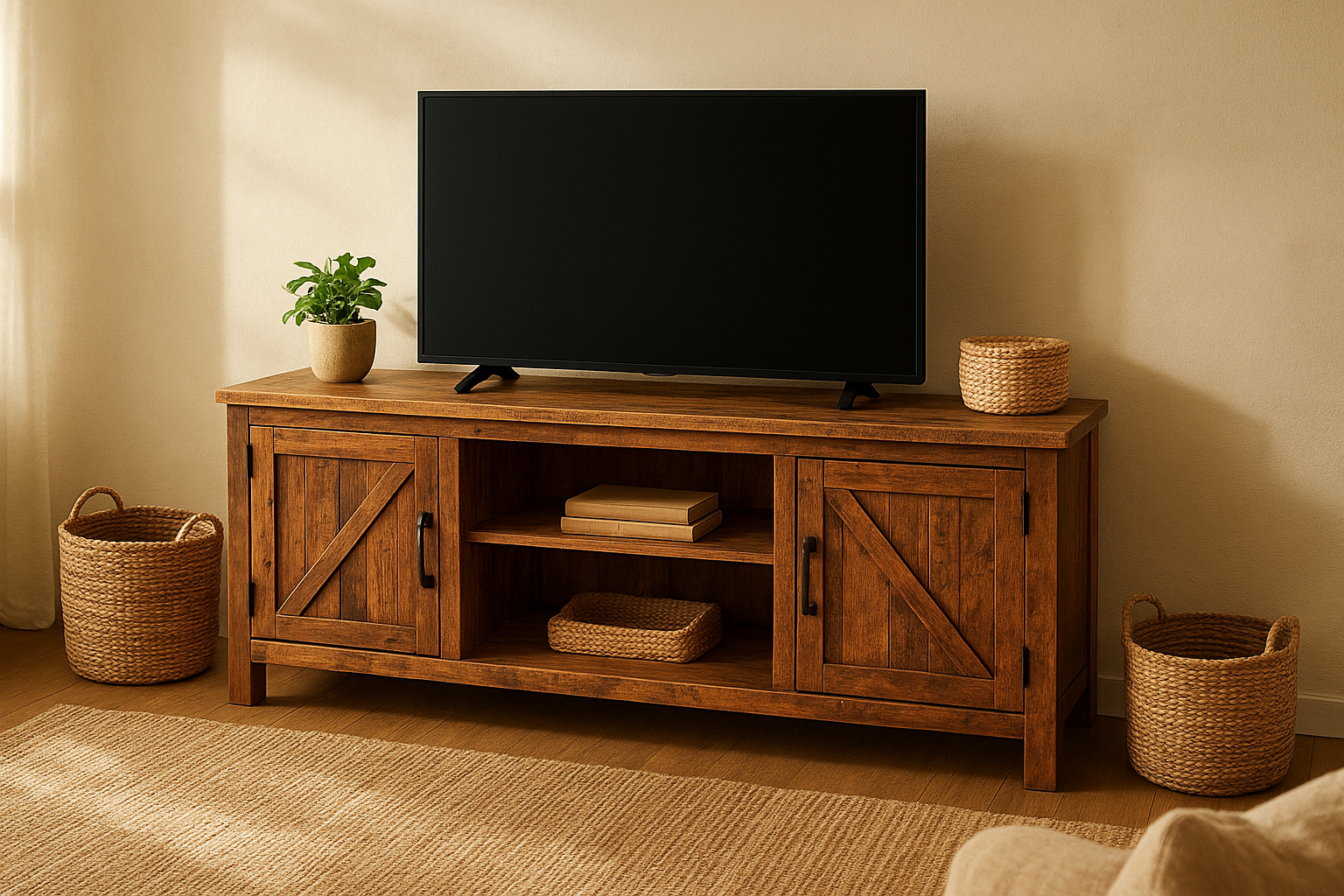 Reclaimed wood TV stand styled in a rustic living room setting