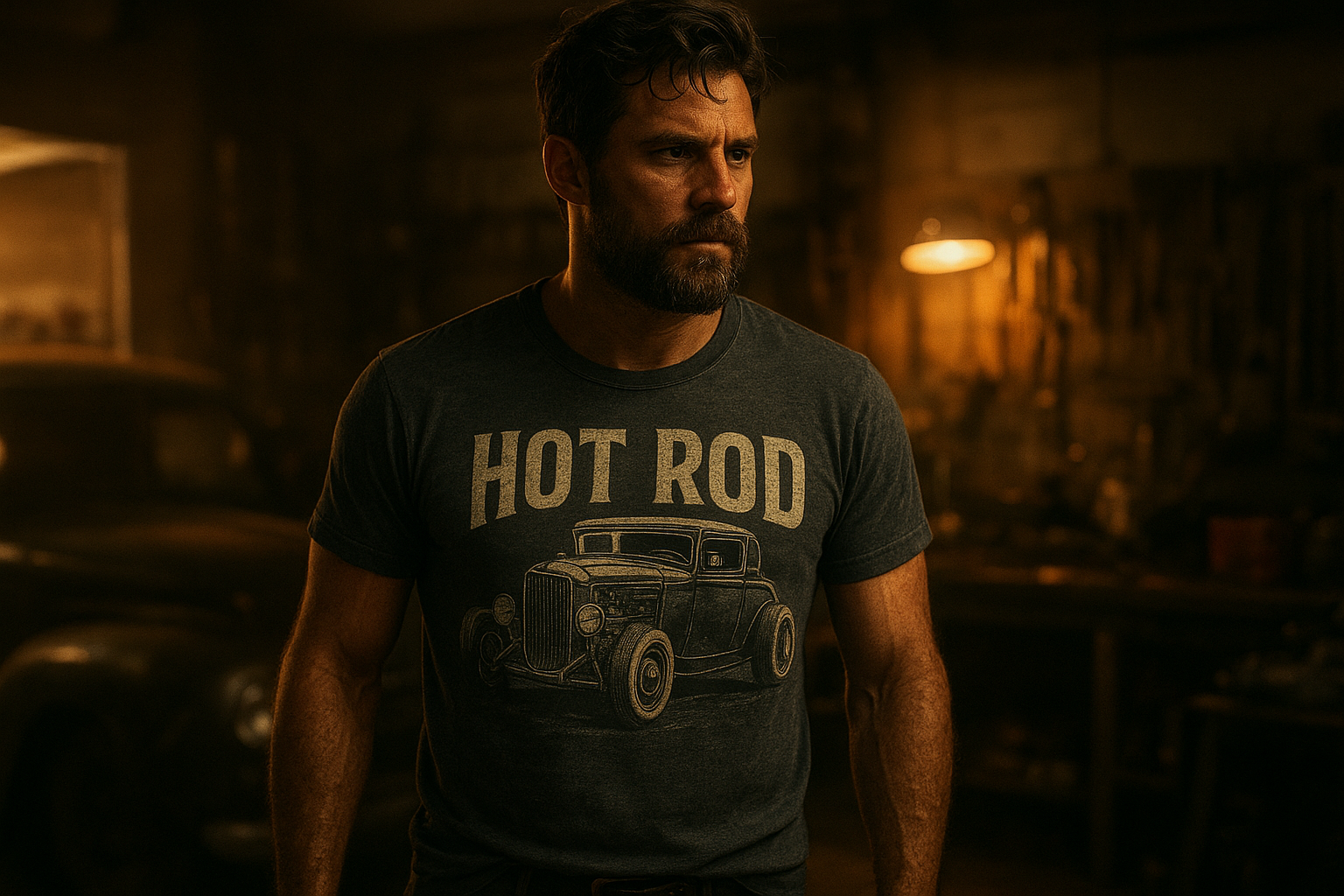 Man wearing men's custom t-shirts with vintage hot rod graphic design
